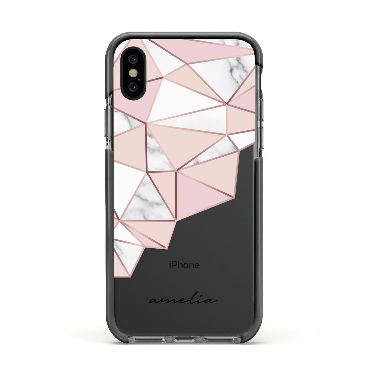 Geometric Pink Marble with Name Apple iPhone Xs Impact Case Black Edge on Black Phone