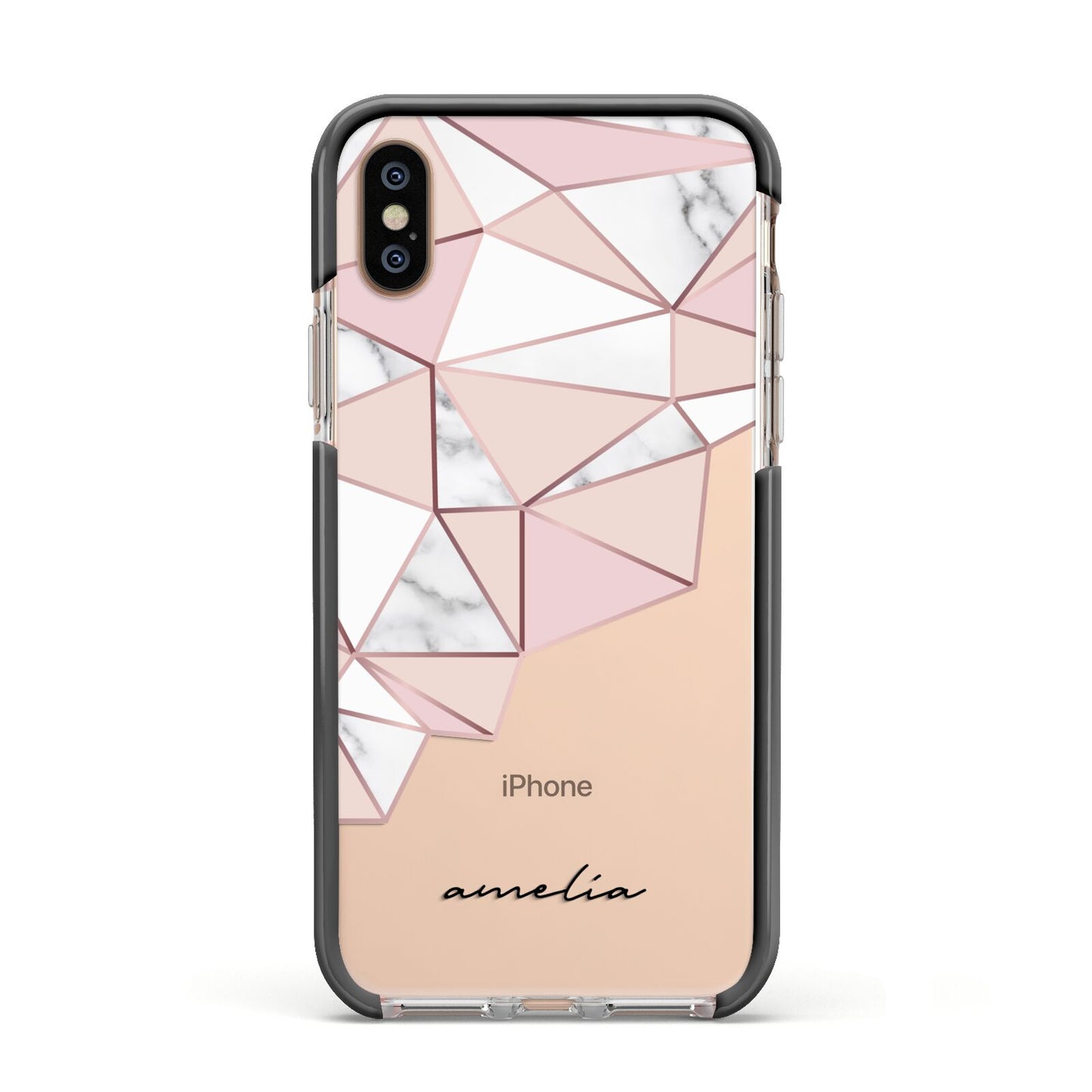 Geometric Pink Marble with Name Apple iPhone Xs Impact Case Black Edge on Gold Phone