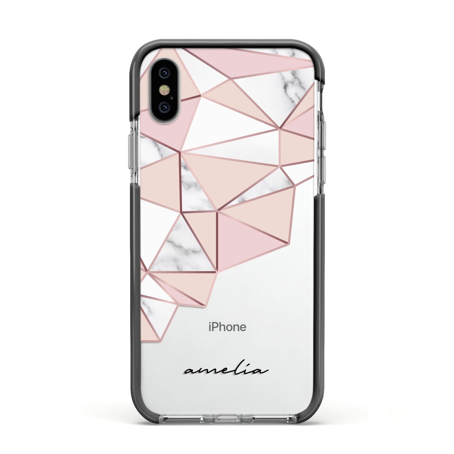 Geometric Pink Marble with Name Apple iPhone Xs Impact Case Black Edge on Silver Phone