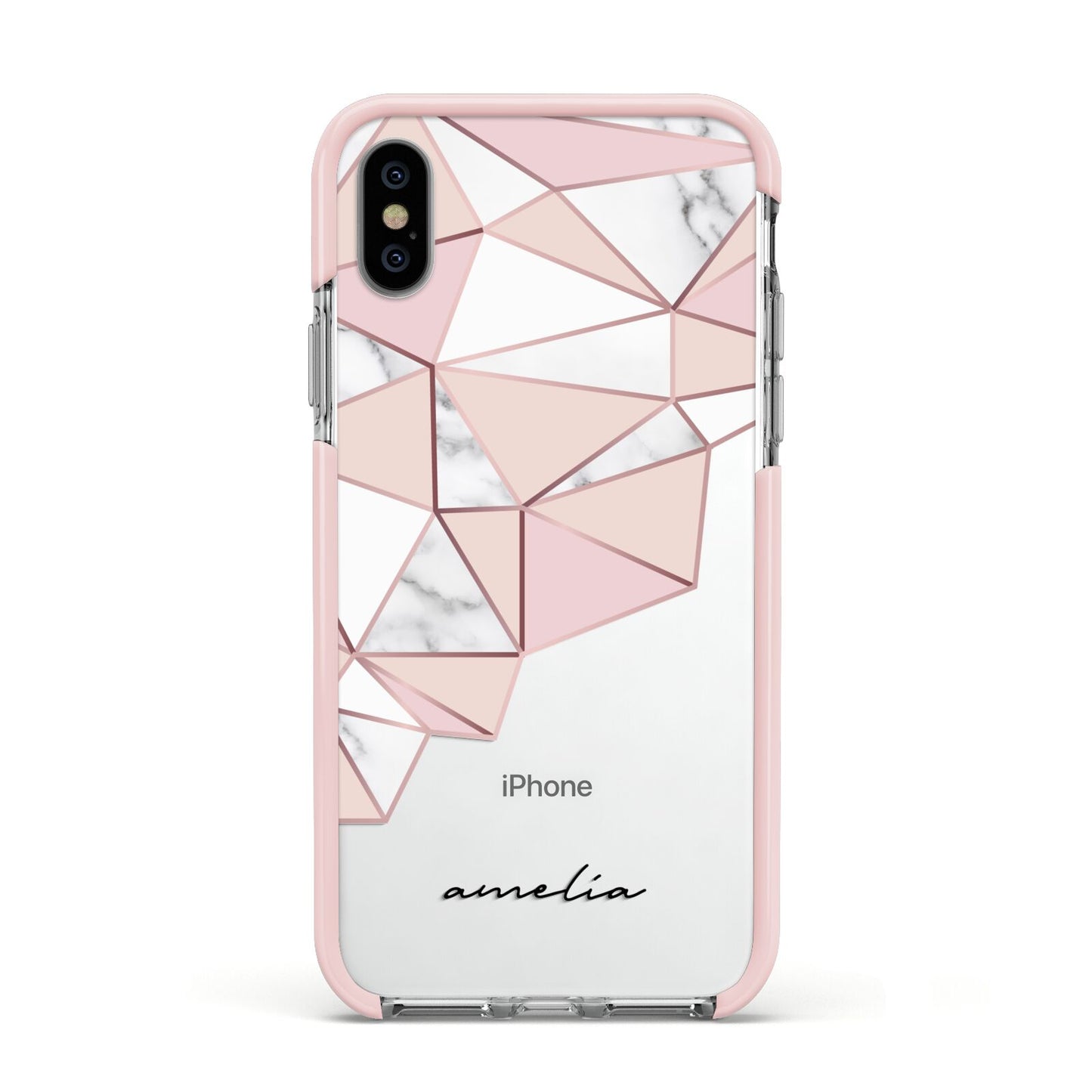 Geometric Pink Marble with Name Apple iPhone Xs Impact Case Pink Edge on Silver Phone