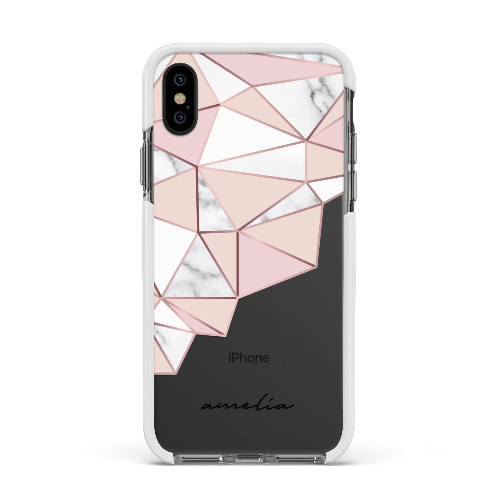 Geometric Pink Marble with Name Apple iPhone Xs Impact Case White Edge on Black Phone