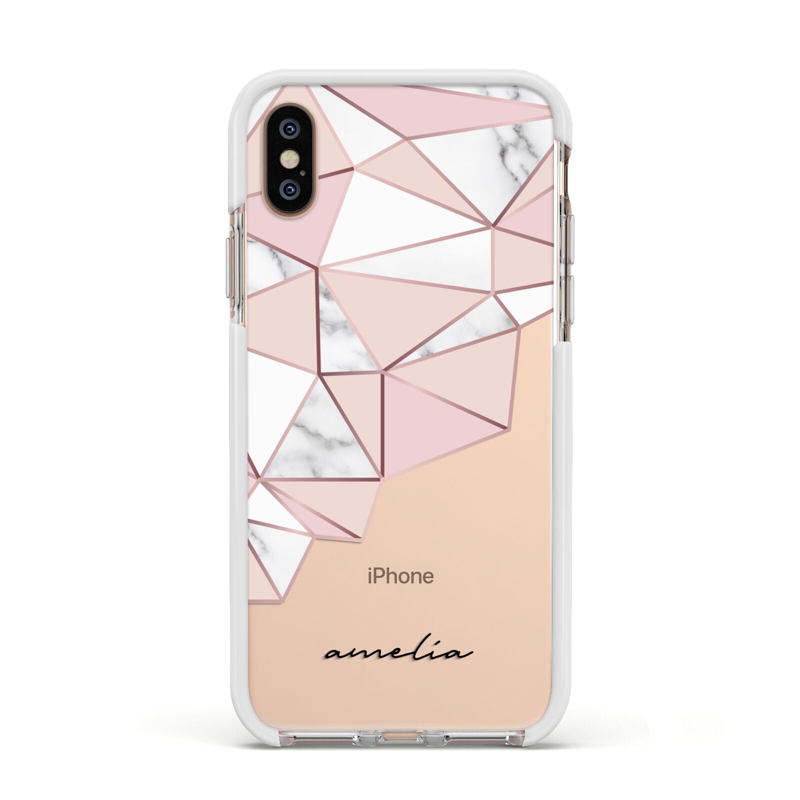 Geometric Pink Marble with Name Apple iPhone Xs Impact Case White Edge on Gold Phone