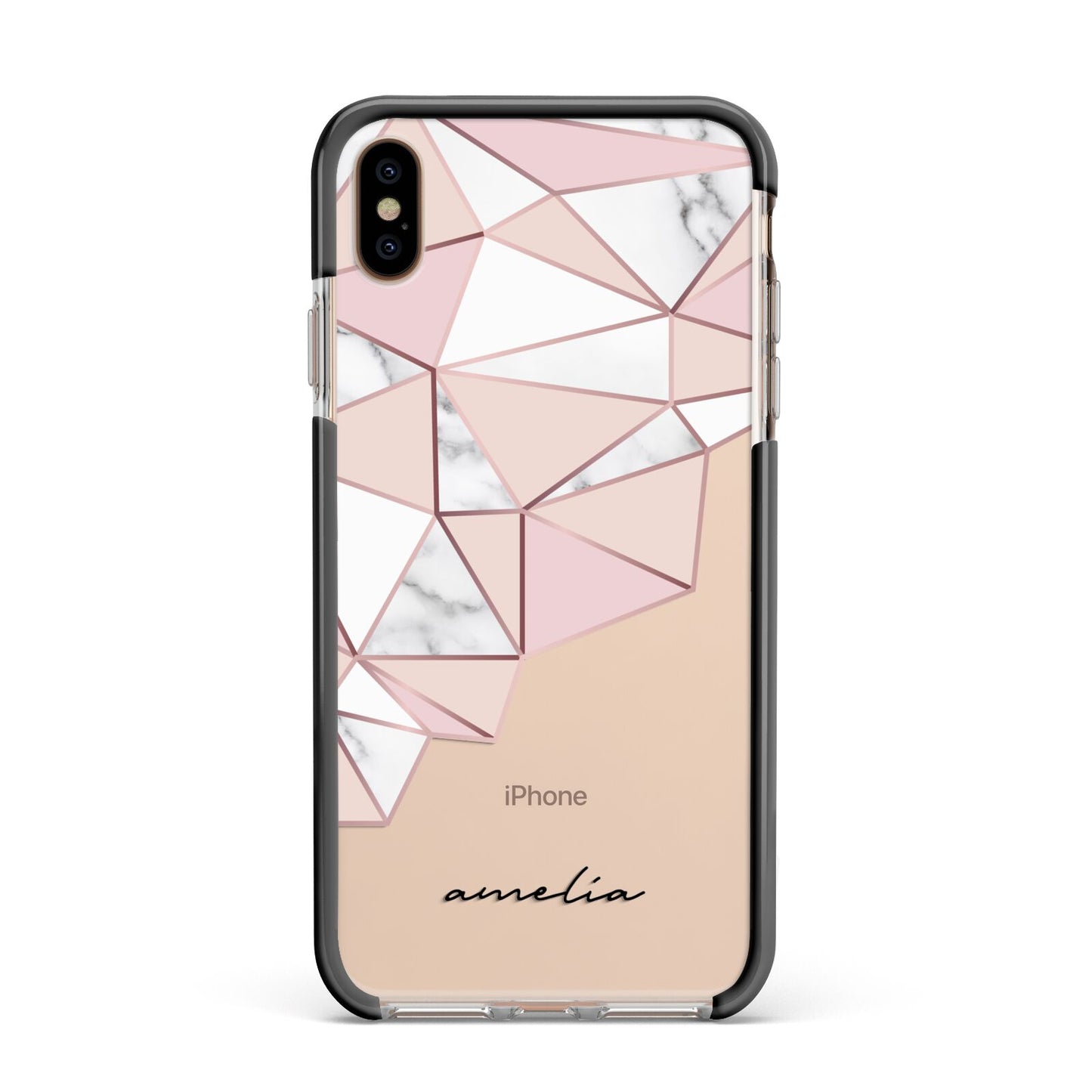 Geometric Pink Marble with Name Apple iPhone Xs Max Impact Case Black Edge on Gold Phone