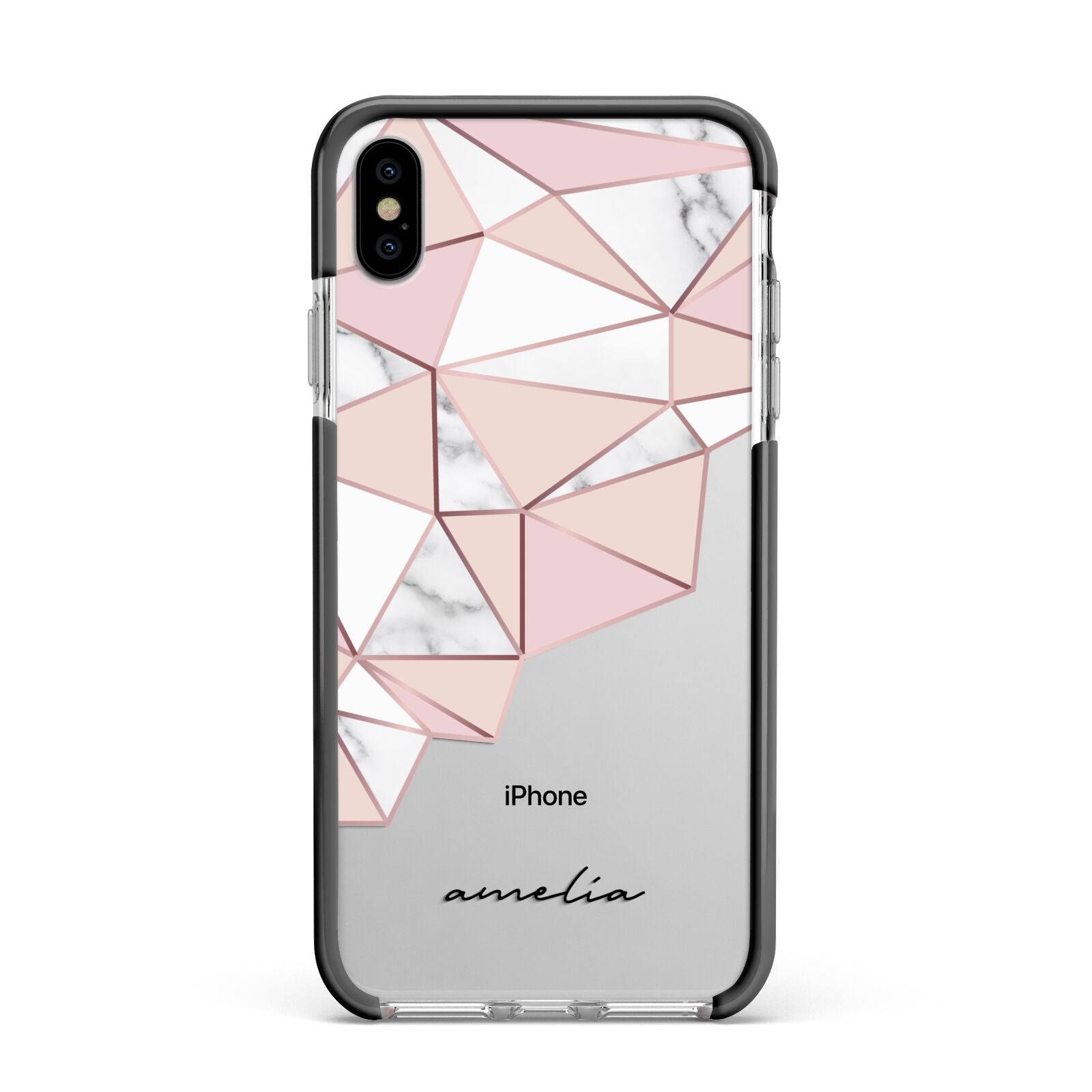 Geometric Pink Marble with Name Apple iPhone Xs Max Impact Case Black Edge on Silver Phone