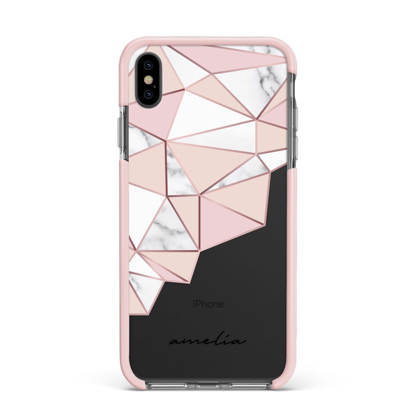 Geometric Pink Marble with Name Apple iPhone Xs Max Impact Case Pink Edge on Black Phone