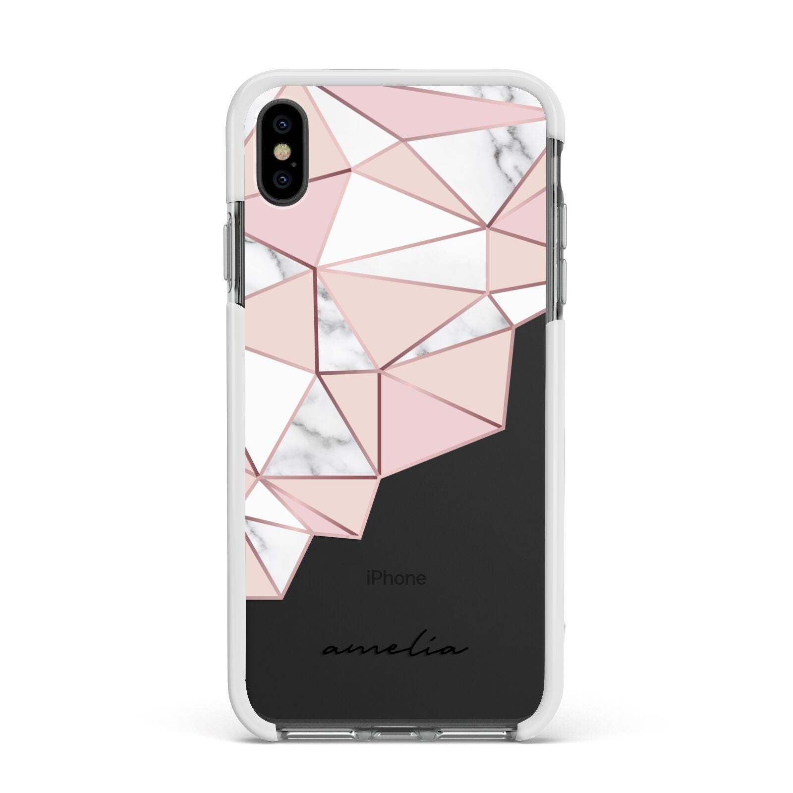 Geometric Pink Marble with Name Apple iPhone Xs Max Impact Case White Edge on Black Phone