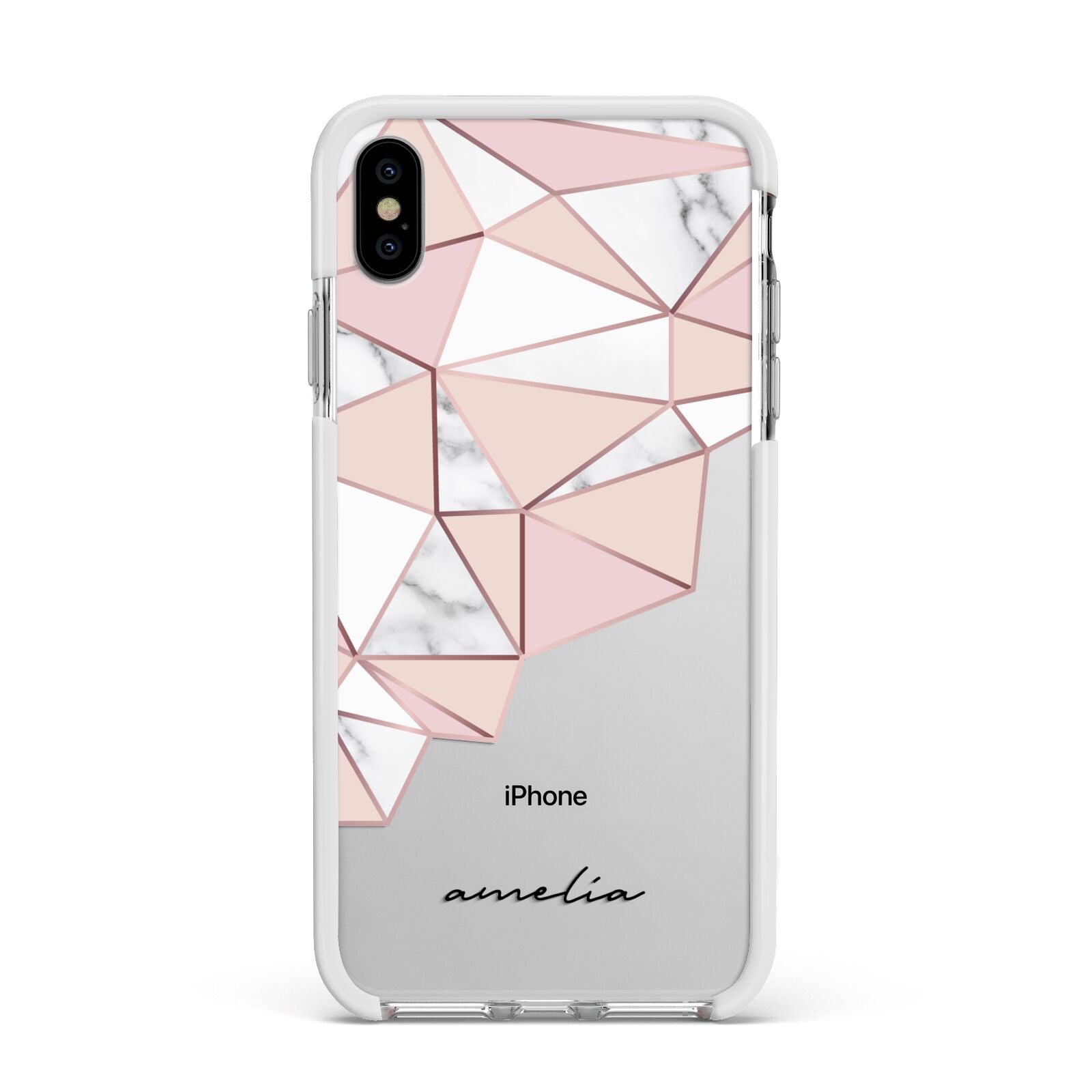 Geometric Pink Marble with Name Apple iPhone Xs Max Impact Case White Edge on Silver Phone