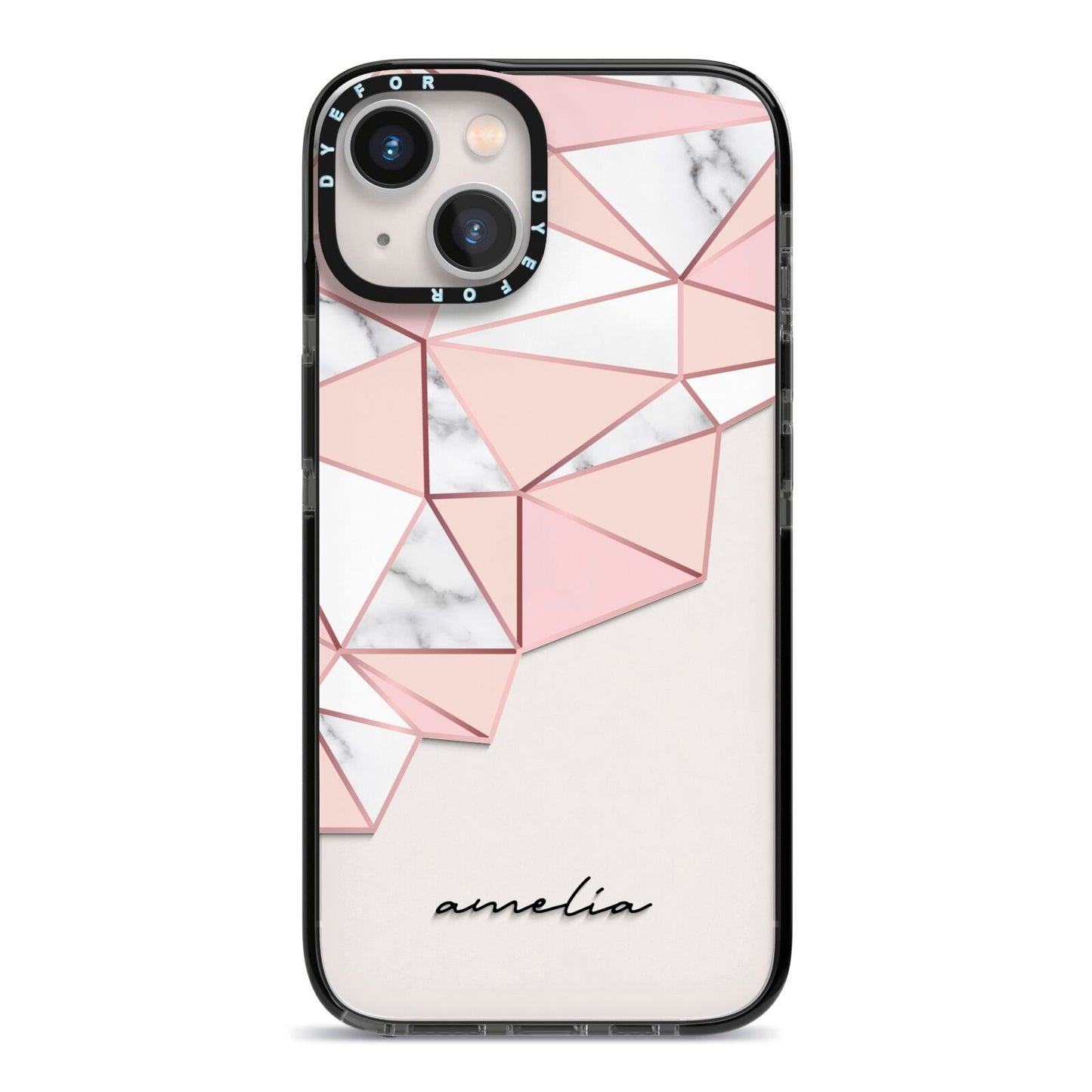 Geometric Pink Marble with Name iPhone 13 Black Impact Case on Silver phone