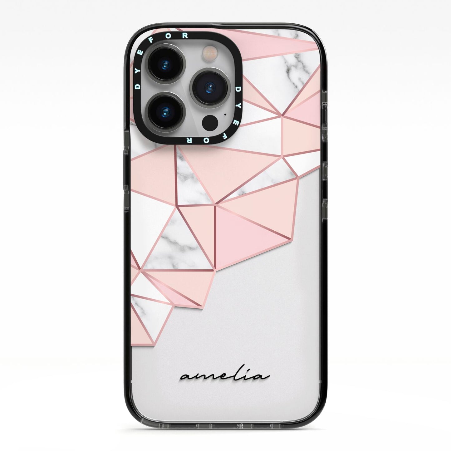 Geometric Pink Marble with Name iPhone 13 Pro Black Impact Case on Silver phone