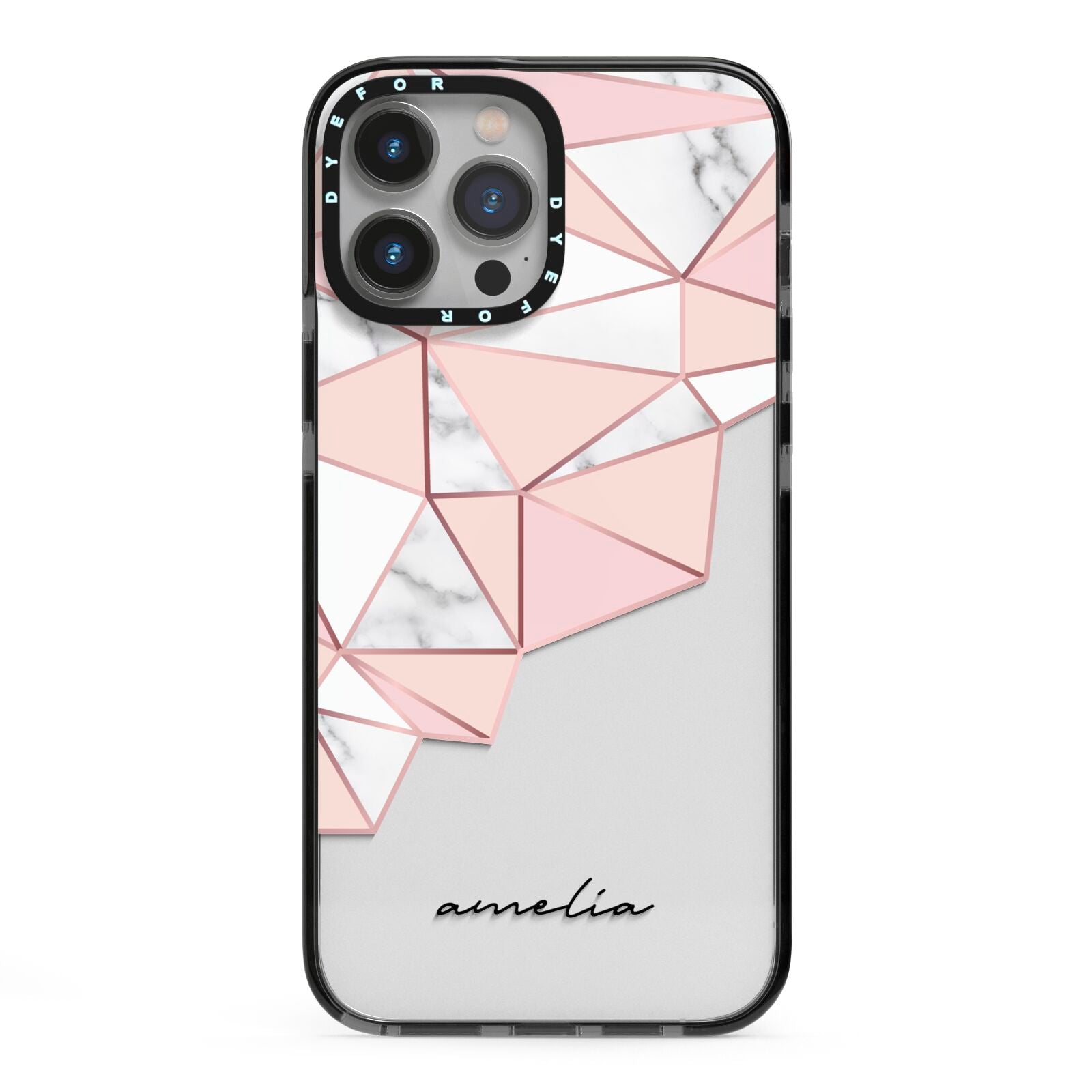Geometric Pink Marble with Name iPhone 13 Pro Max Black Impact Case on Silver phone