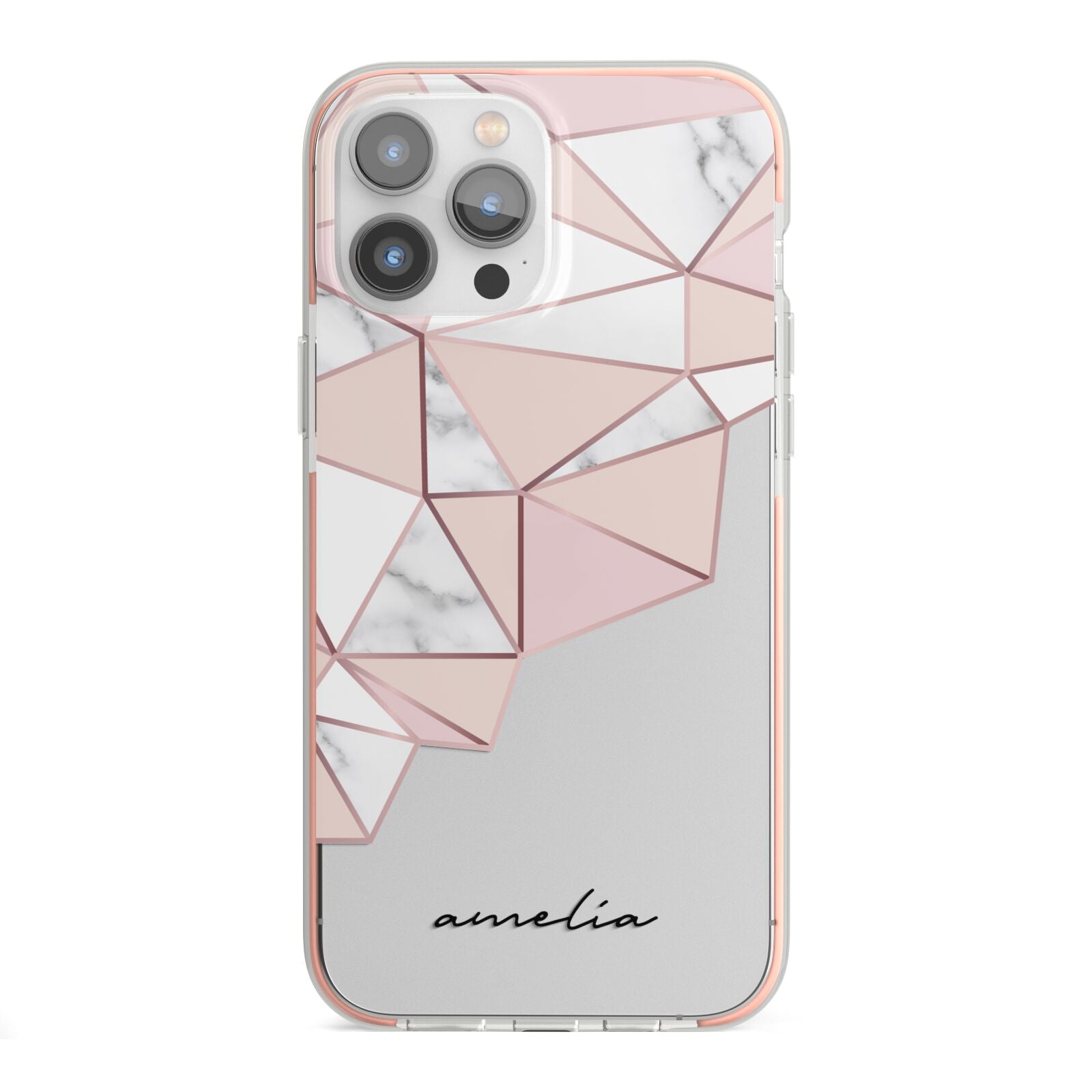 Geometric Pink Marble with Name iPhone 13 Pro Max TPU Impact Case with Pink Edges