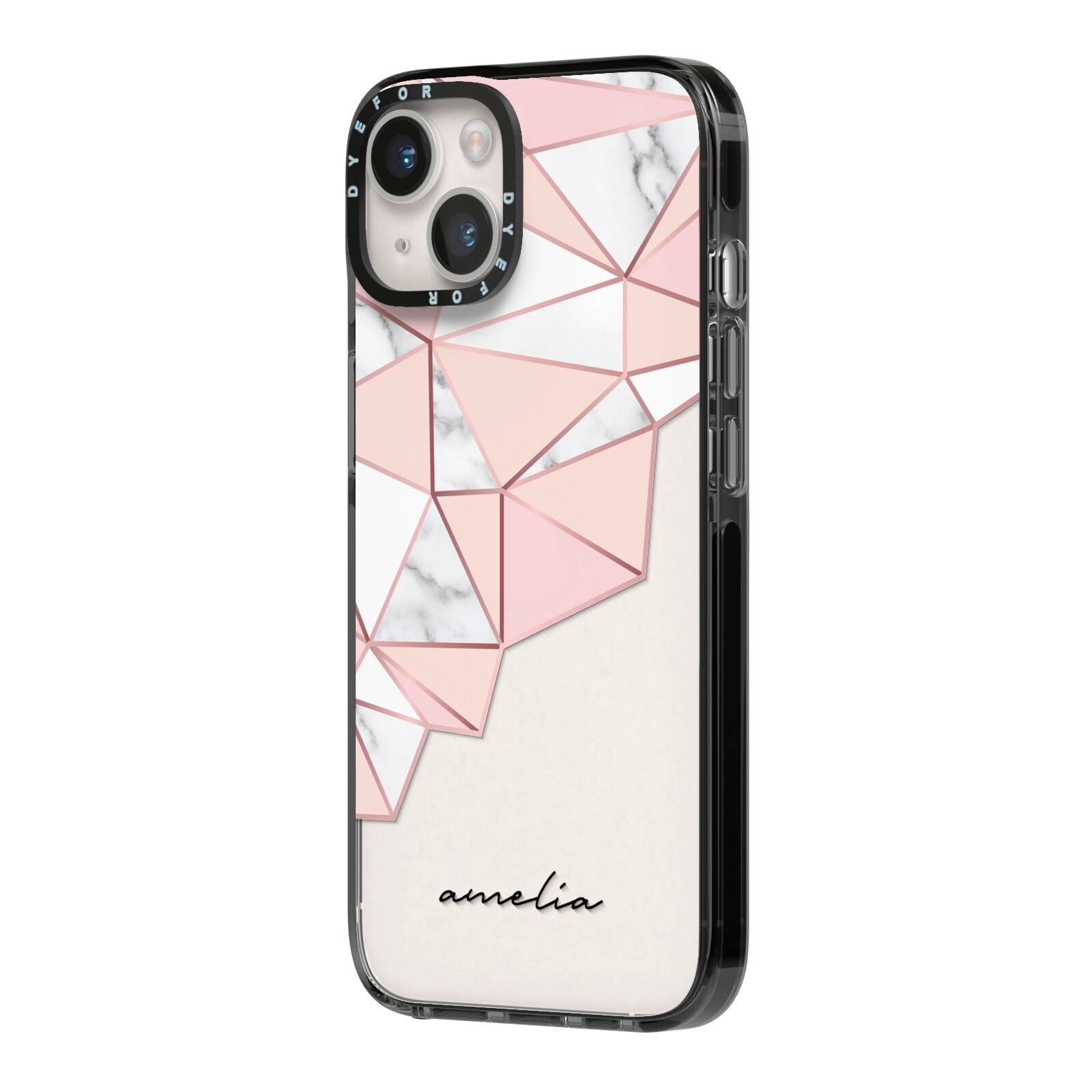 Geometric Pink Marble with Name iPhone 14 Black Impact Case Side Angle on Silver phone