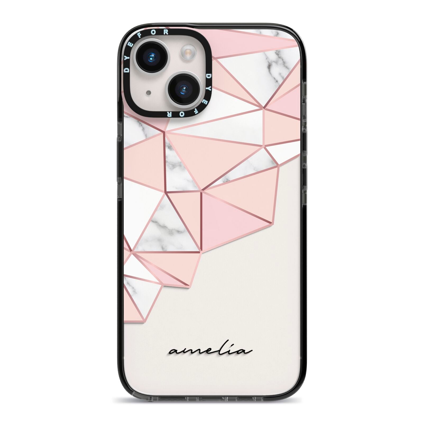 Geometric Pink Marble with Name iPhone 14 Black Impact Case on Silver phone