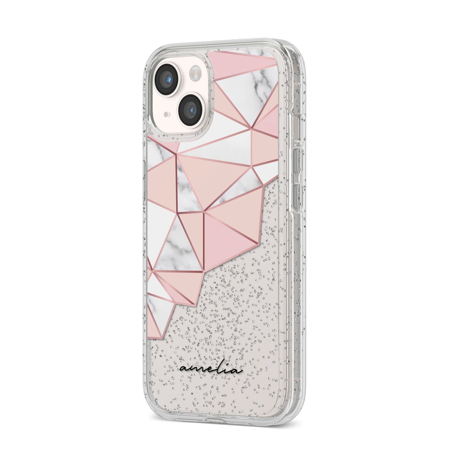 Geometric Pink Marble with Name iPhone 14 Glitter Tough Case Starlight Angled Image