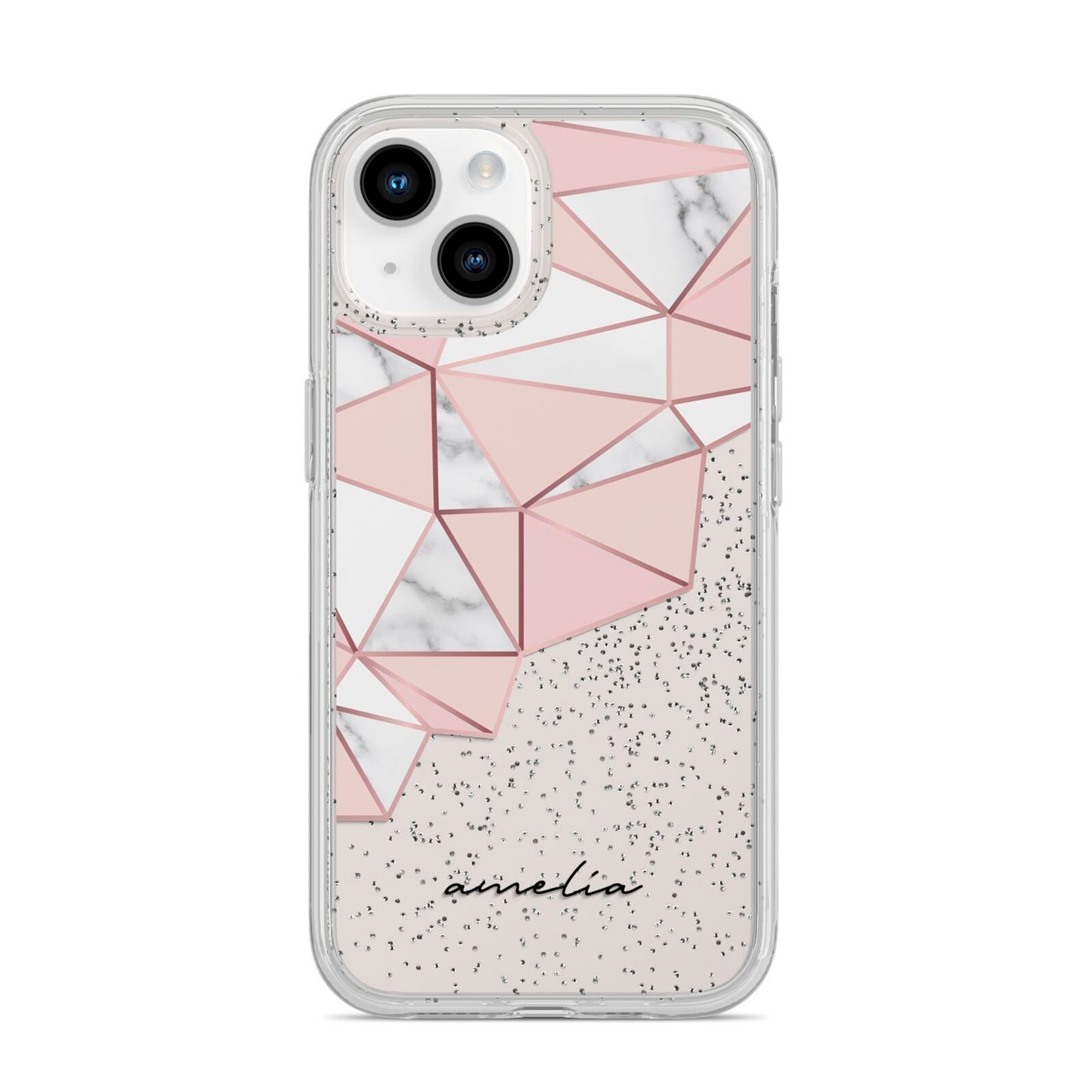 Geometric Pink Marble with Name iPhone 14 Glitter Tough Case Starlight