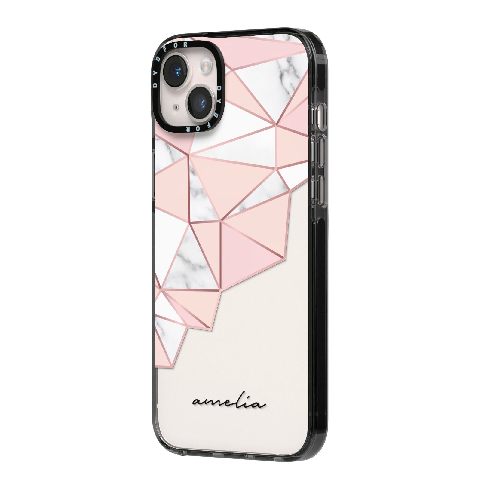 Geometric Pink Marble with Name iPhone 14 Plus Black Impact Case Side Angle on Silver phone