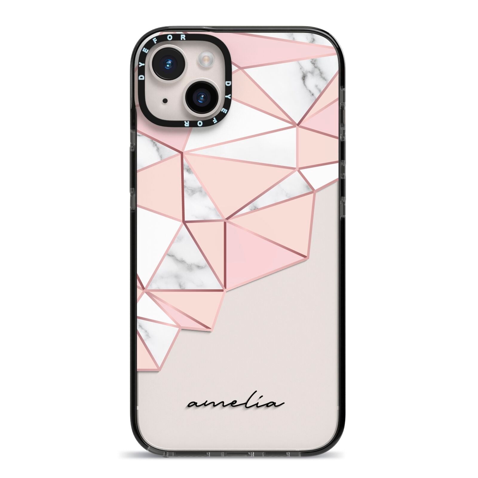 Geometric Pink Marble with Name iPhone 14 Plus Black Impact Case on Silver phone