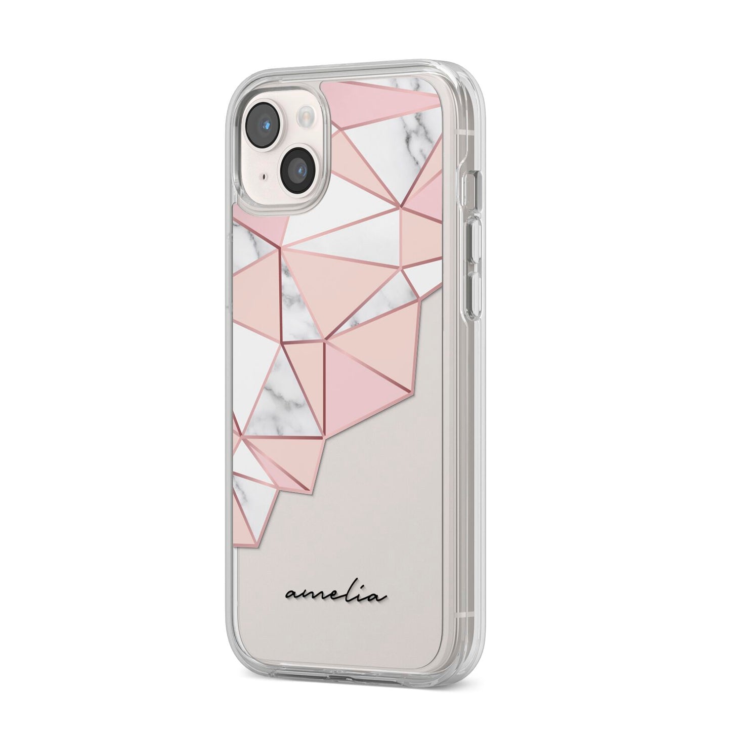 Geometric Pink Marble with Name iPhone 14 Plus Clear Tough Case Starlight Angled Image
