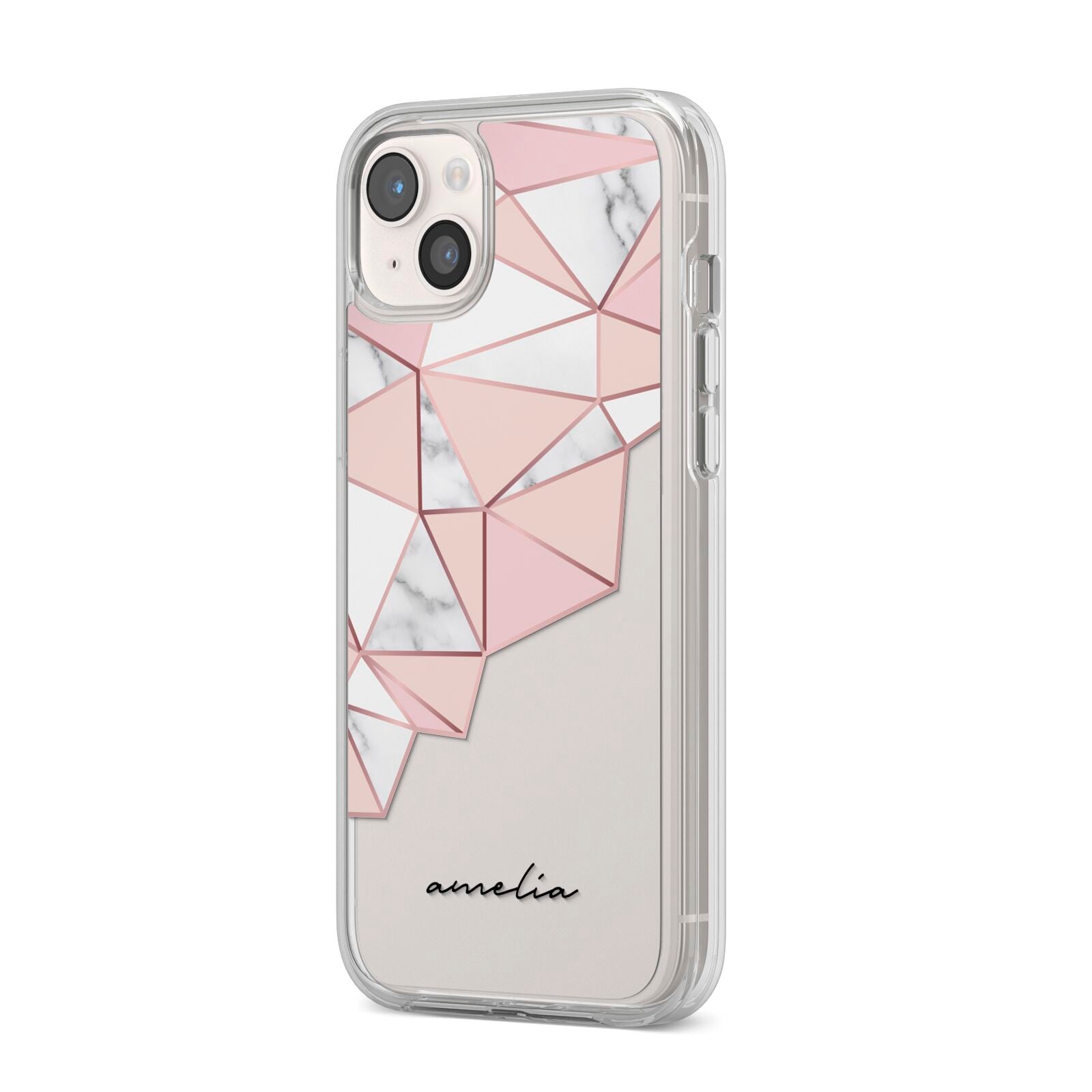 Geometric Pink Marble with Name iPhone 14 Plus Clear Tough Case Starlight Angled Image