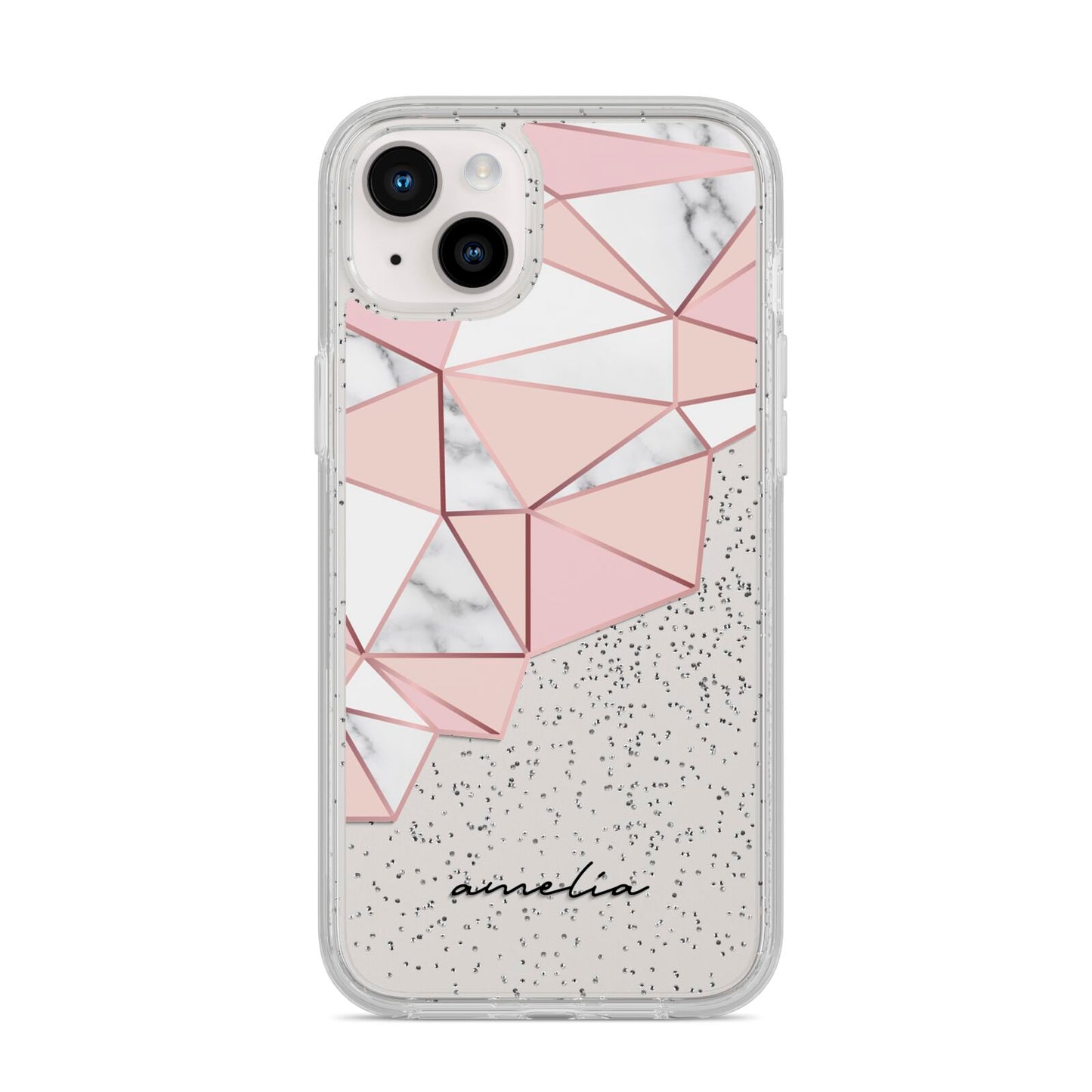 Geometric Pink Marble with Name iPhone 14 Plus Glitter Tough Case Starlight