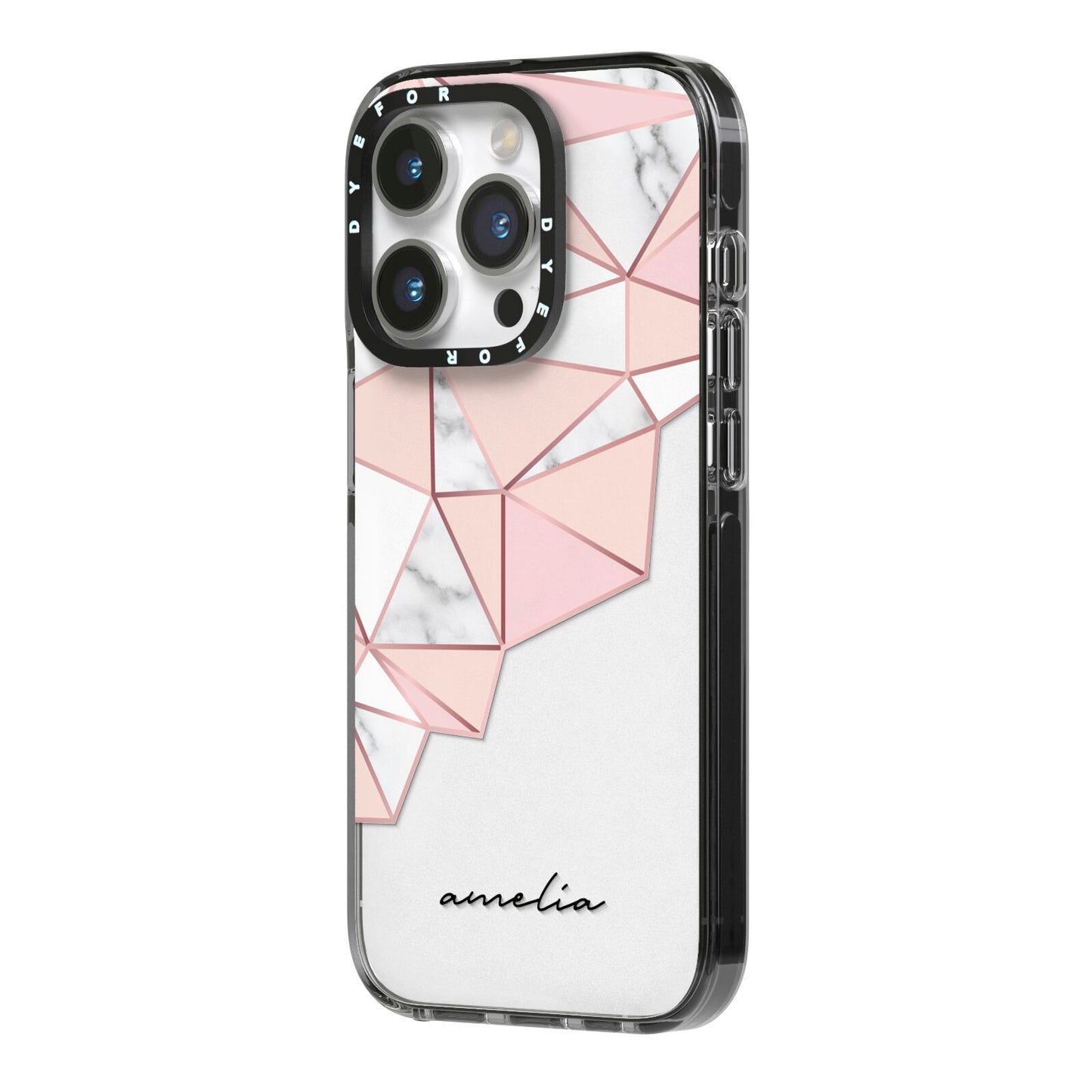 Geometric Pink Marble with Name iPhone 14 Pro Black Impact Case Side Angle on Silver phone