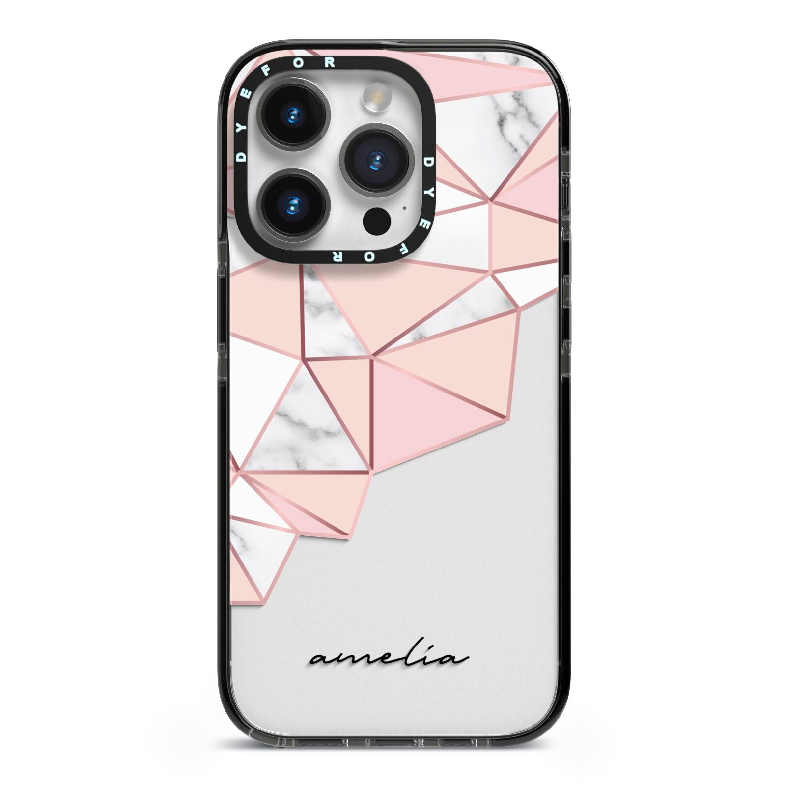 Geometric Pink Marble with Name iPhone 14 Pro Black Impact Case on Silver phone