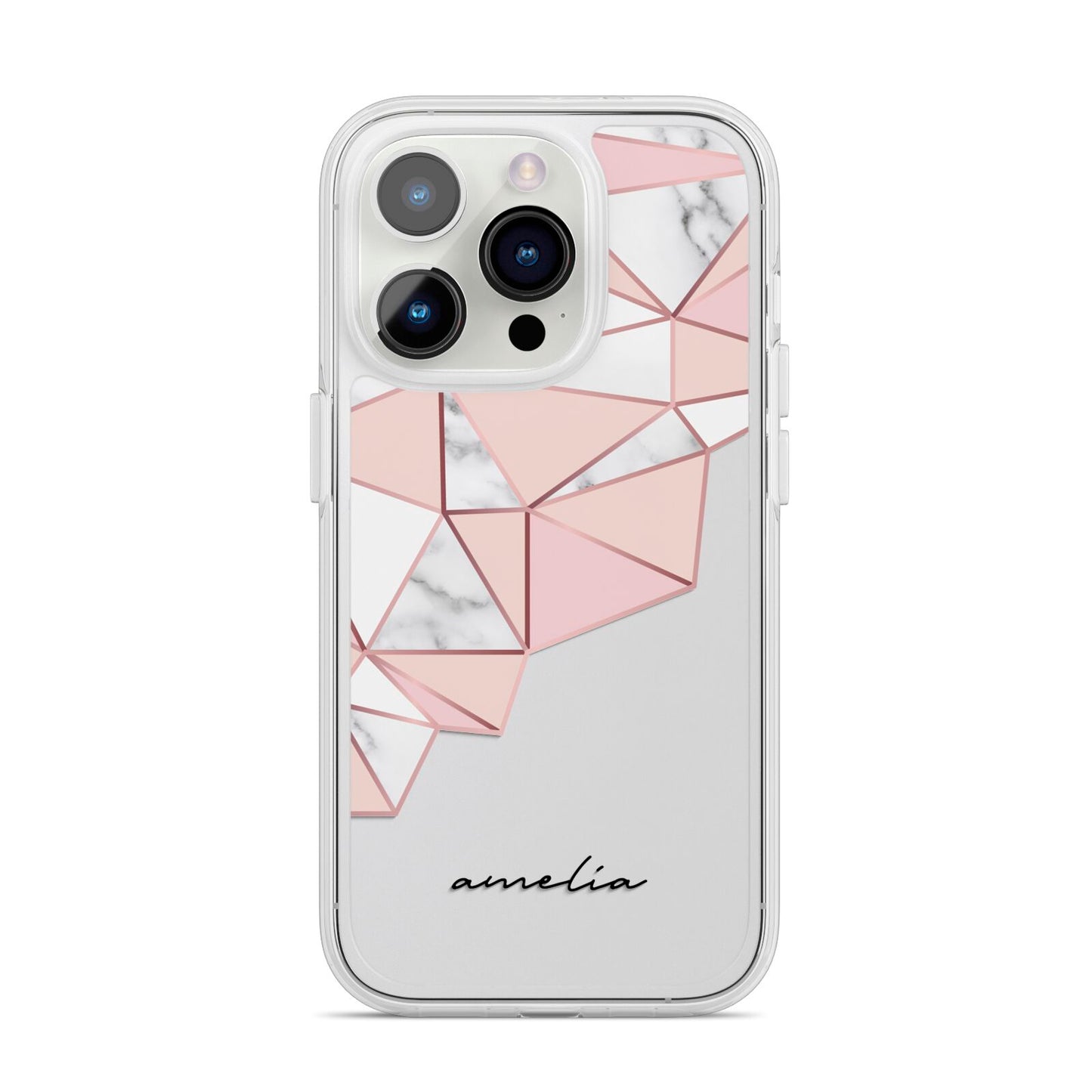 Geometric Pink Marble with Name iPhone 14 Pro Clear Tough Case Silver