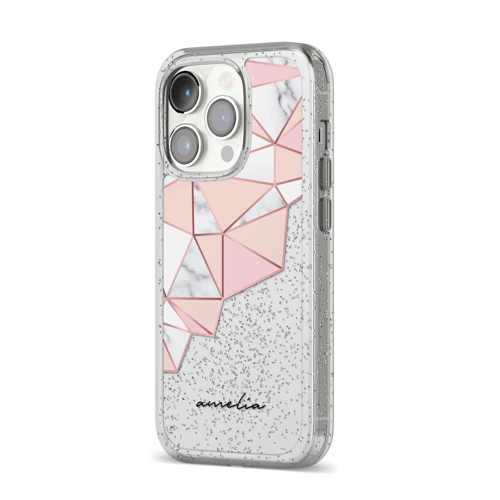 Geometric Pink Marble with Name iPhone 14 Pro Glitter Tough Case Silver Angled Image