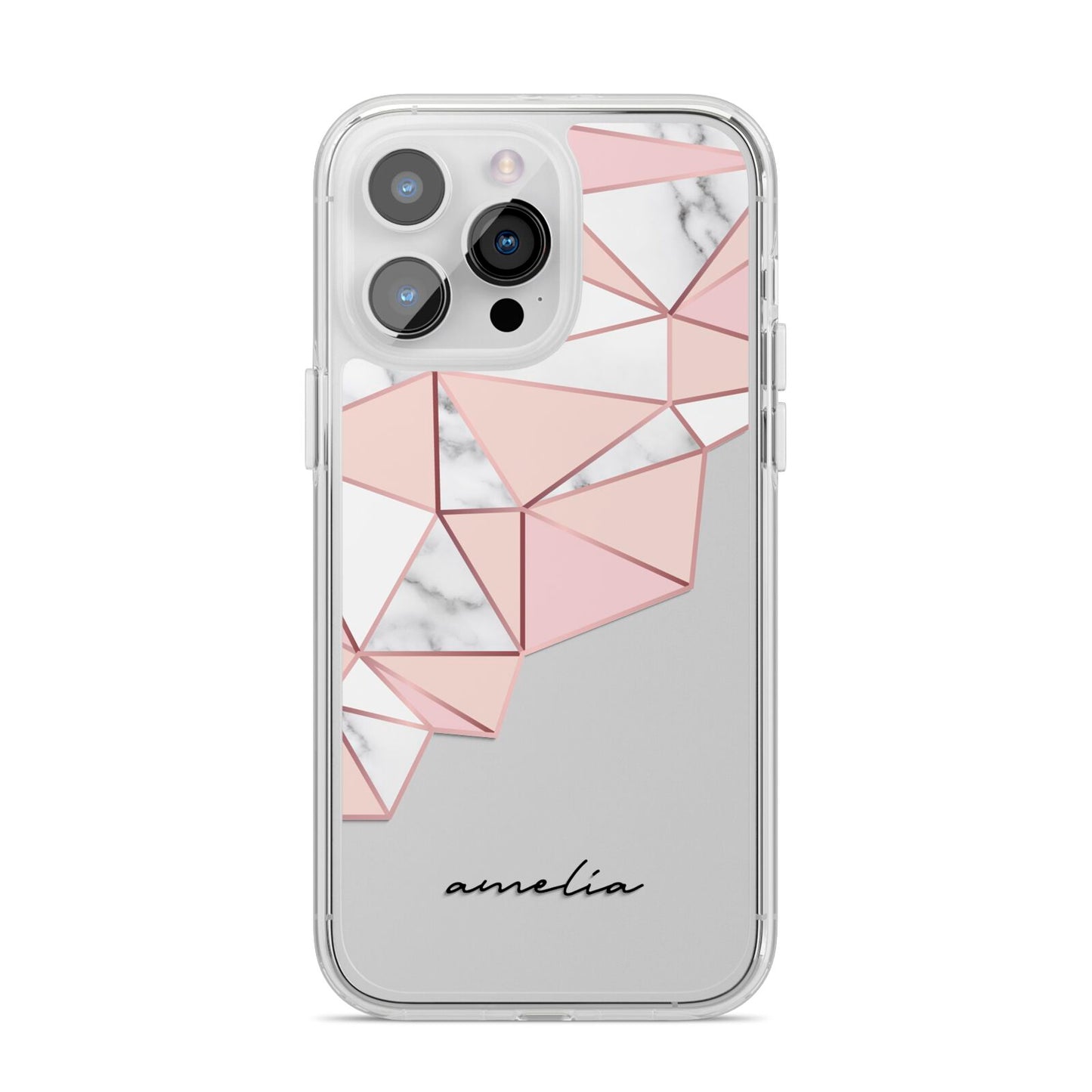Geometric Pink Marble with Name iPhone 14 Pro Max Clear Tough Case Silver