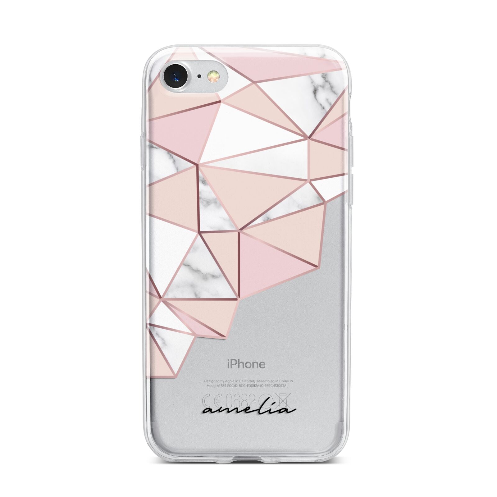 Geometric Pink Marble with Name iPhone 7 Bumper Case on Silver iPhone
