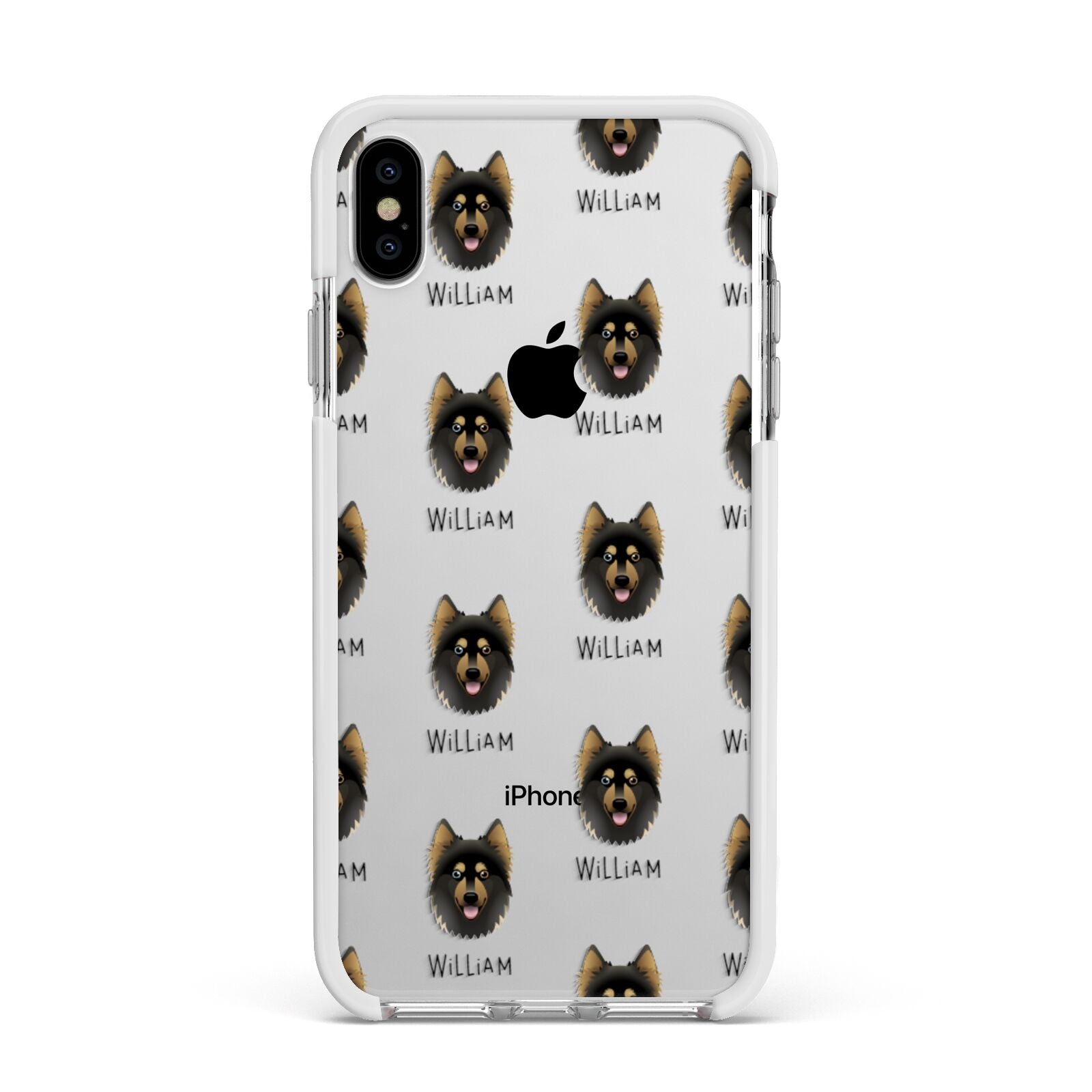 Gerberian Shepsky Icon with Name Apple iPhone Xs Max Impact Case White Edge on Silver Phone