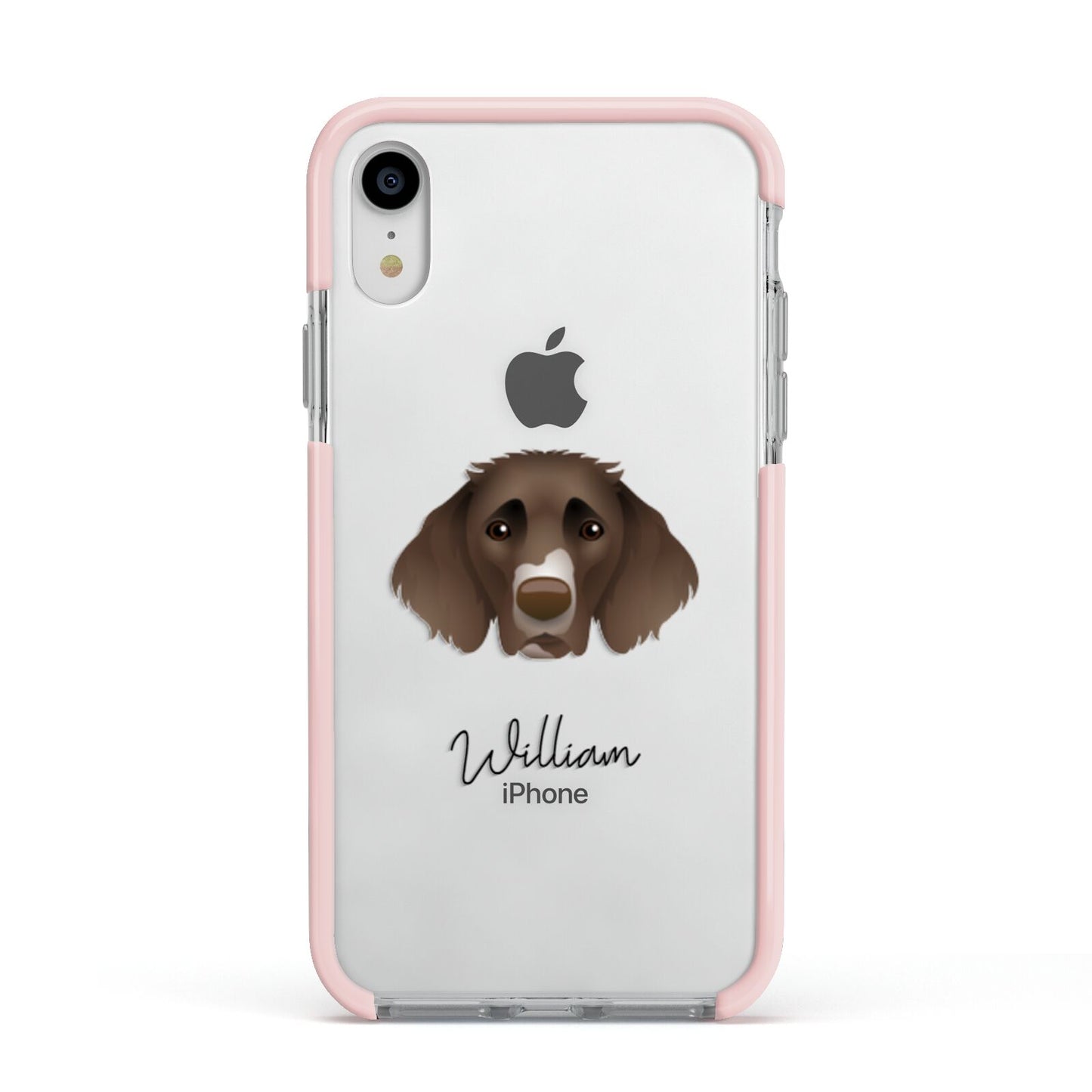 German Longhaired Pointer Personalised Apple iPhone XR Impact Case Pink Edge on Silver Phone