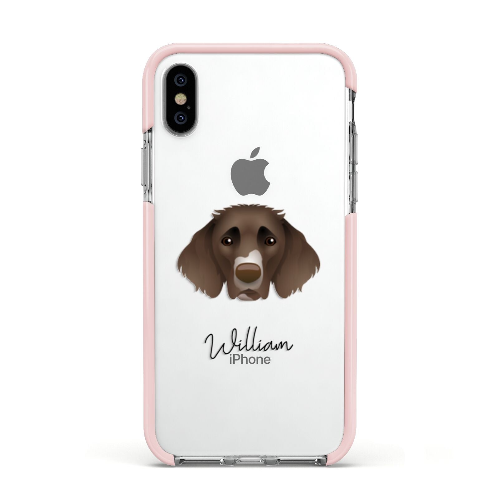 German Longhaired Pointer Personalised Apple iPhone Xs Impact Case Pink Edge on Silver Phone