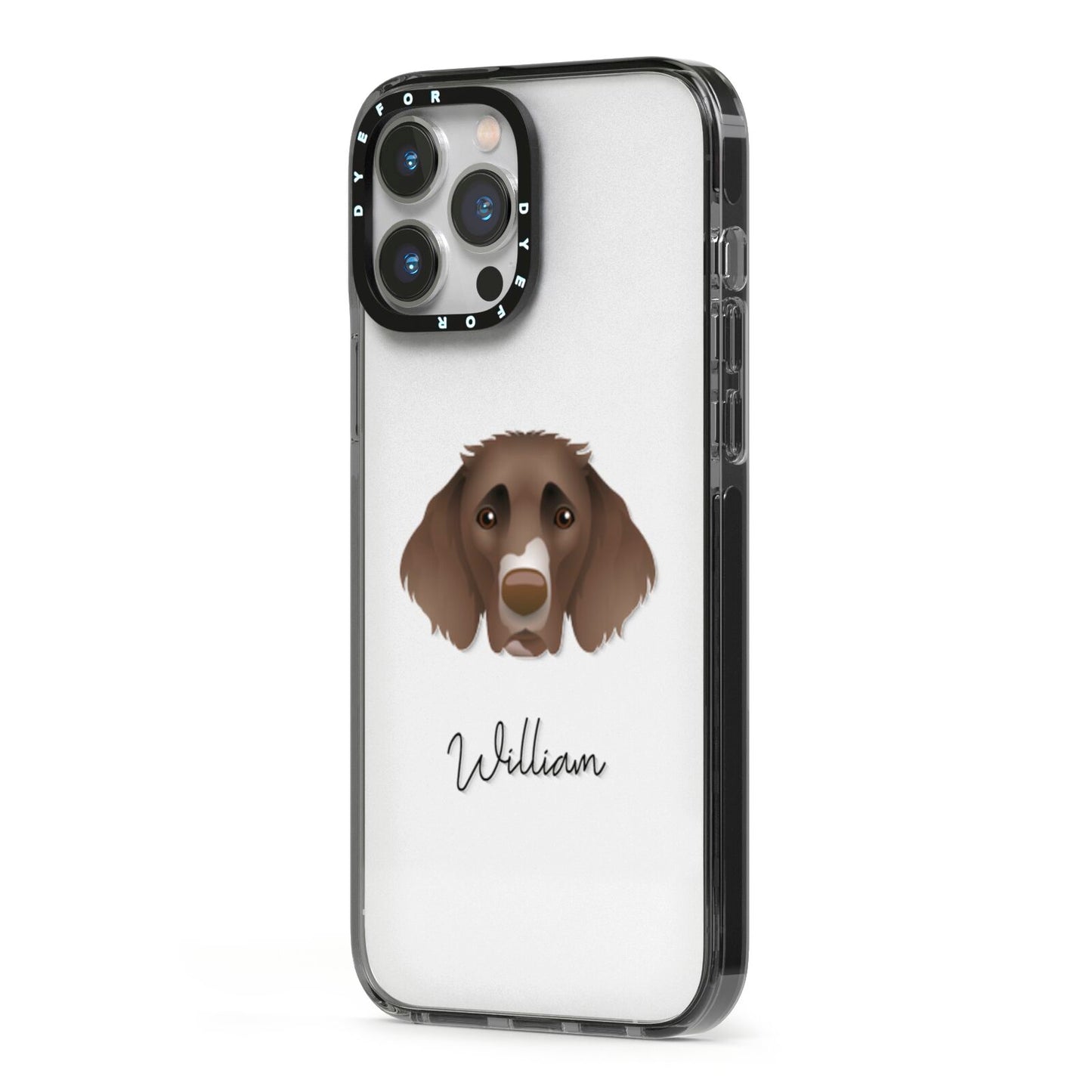 German Longhaired Pointer Personalised iPhone 13 Pro Max Black Impact Case Side Angle on Silver phone