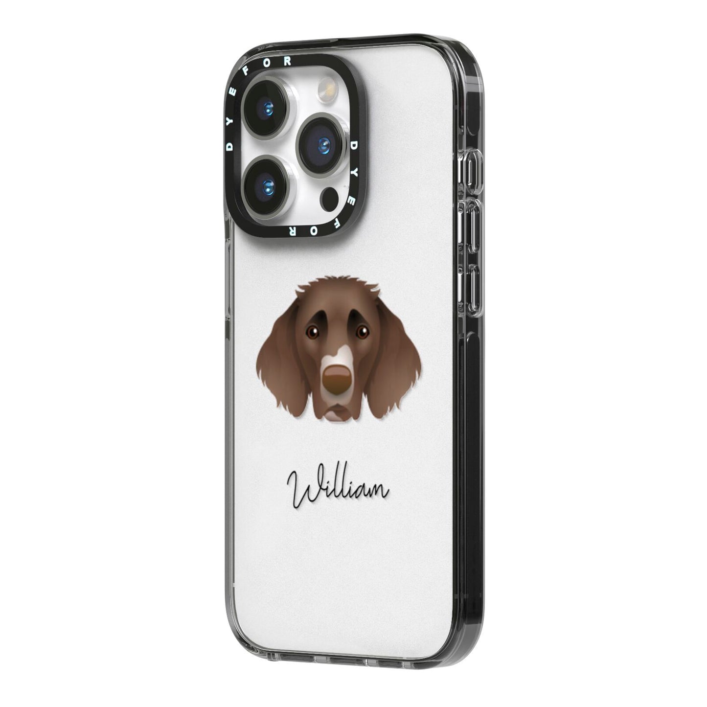 German Longhaired Pointer Personalised iPhone 14 Pro Black Impact Case Side Angle on Silver phone