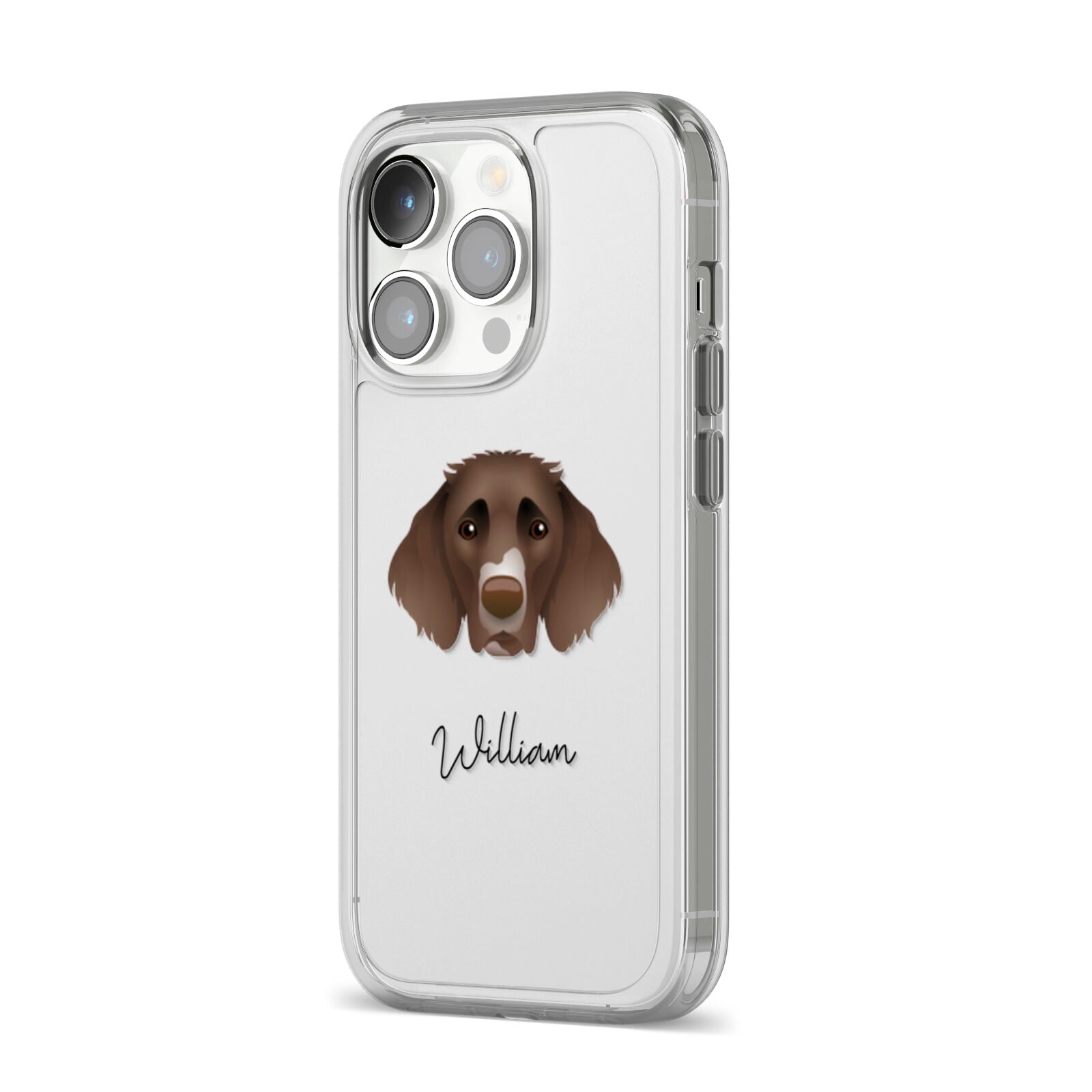 German Longhaired Pointer Personalised iPhone 14 Pro Clear Tough Case Silver Angled Image