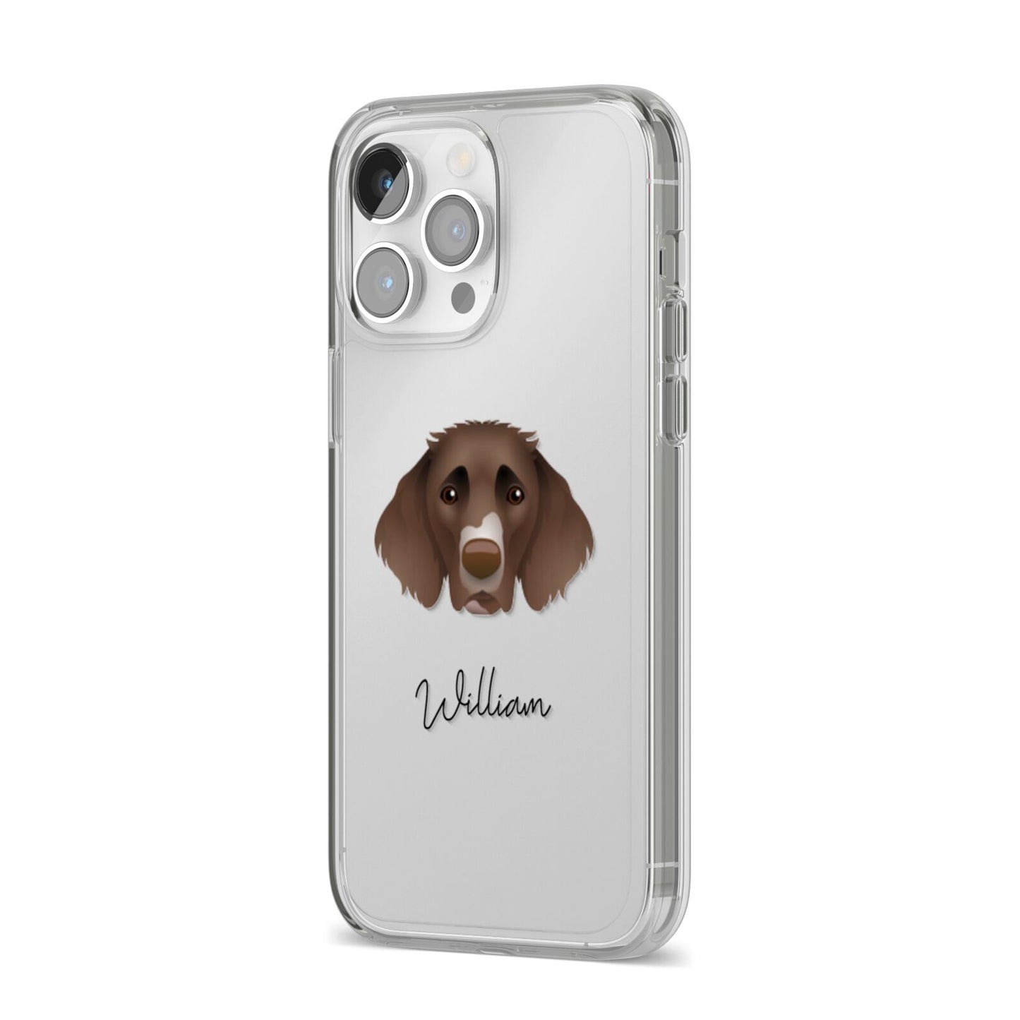 German Longhaired Pointer Personalised iPhone 14 Pro Max Clear Tough Case Silver Angled Image
