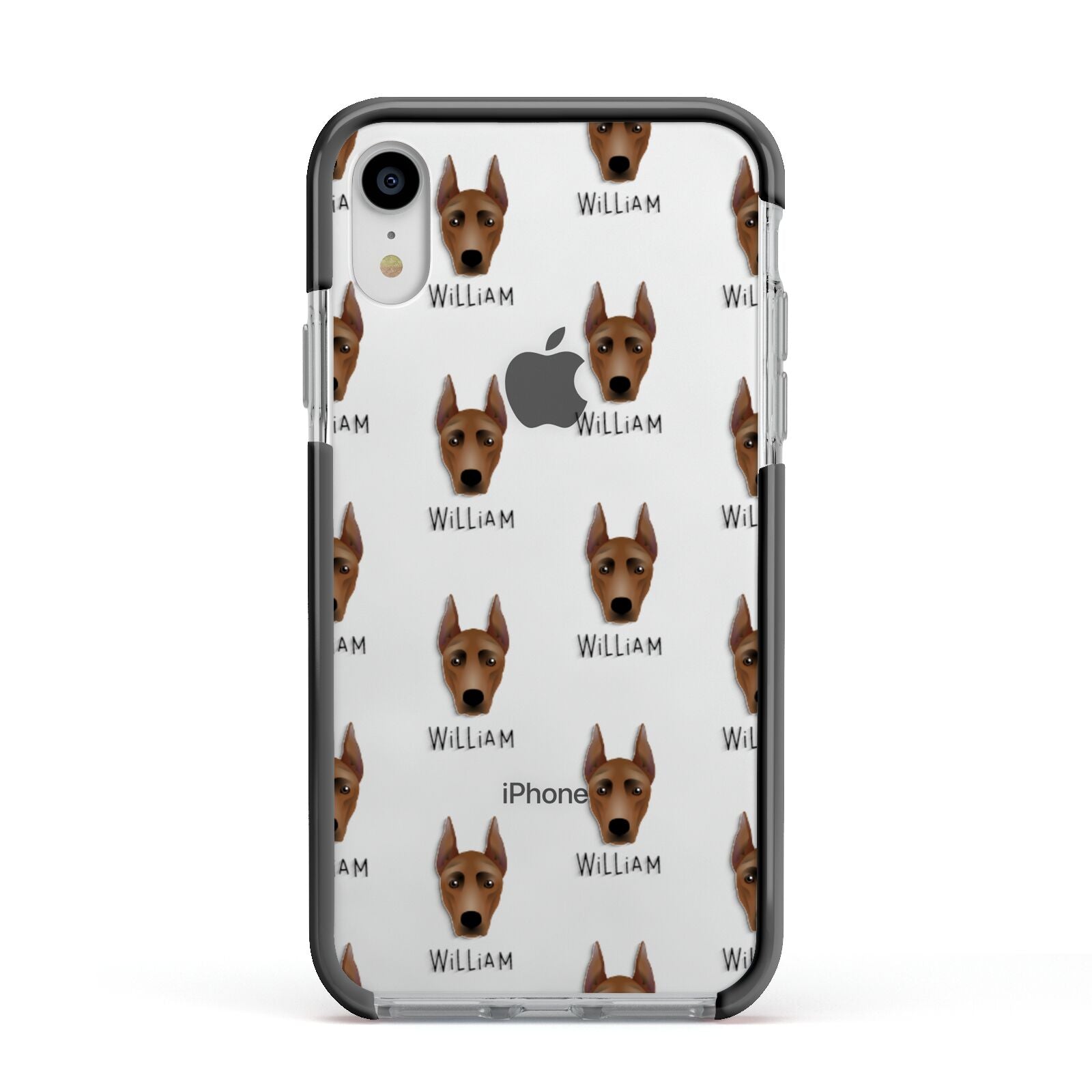 German Pinscher Icon with Name Apple iPhone XR Impact Case Black Edge on Silver Phone