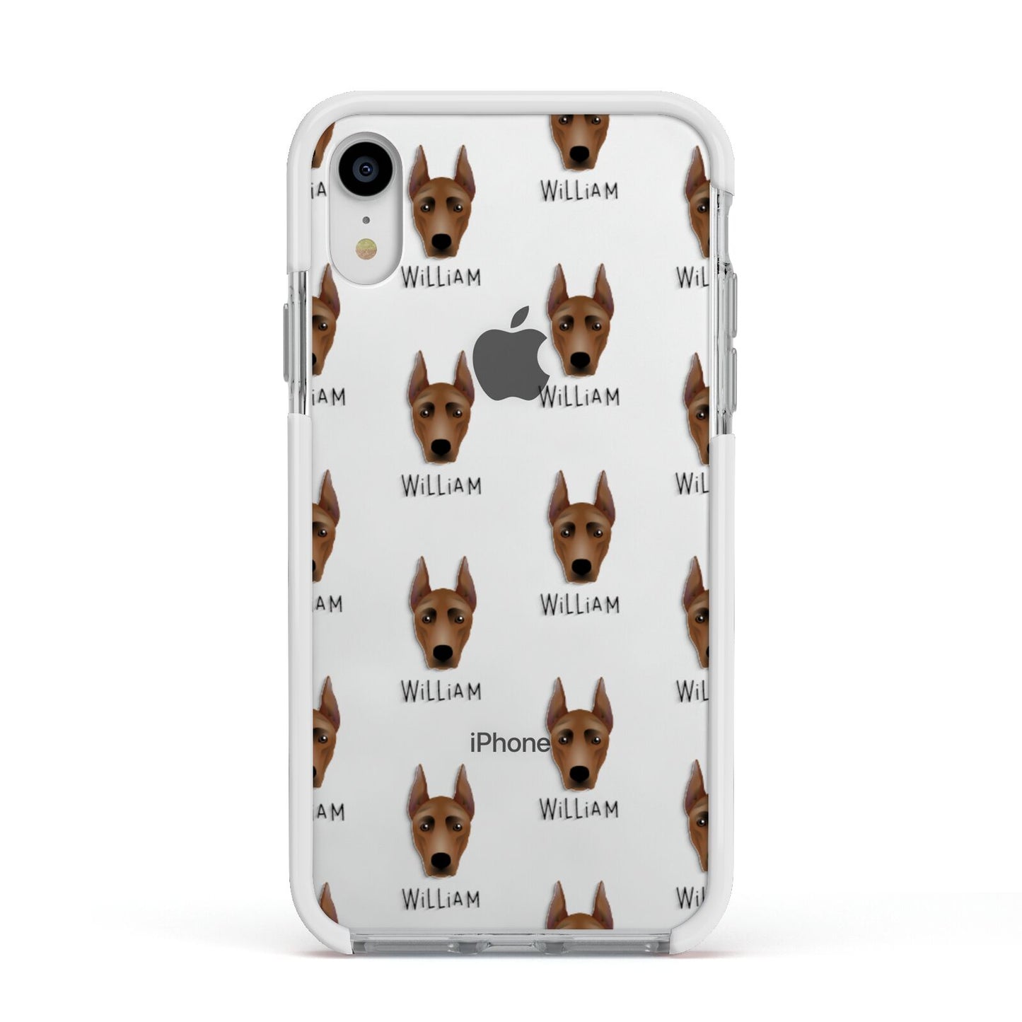 German Pinscher Icon with Name Apple iPhone XR Impact Case White Edge on Silver Phone