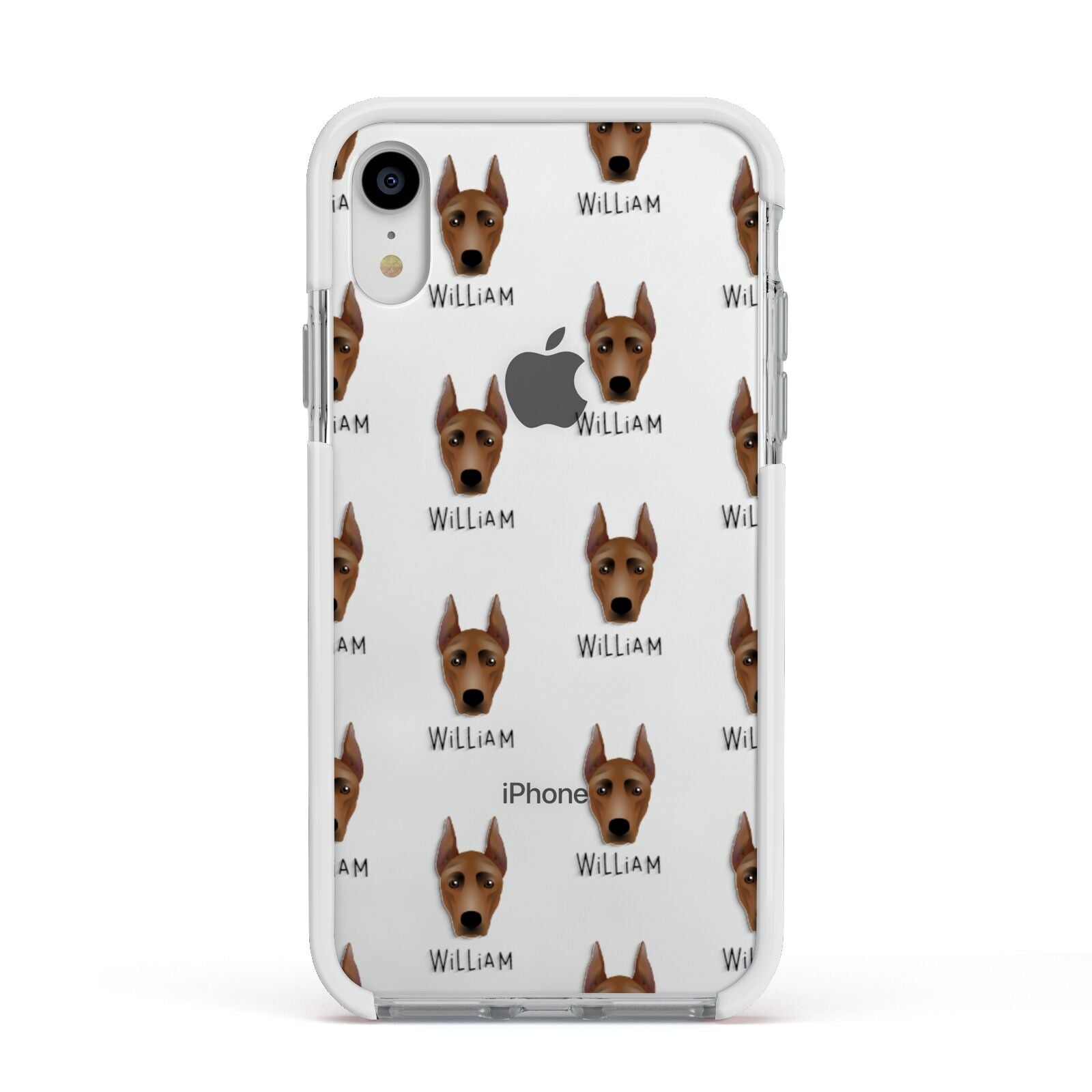 German Pinscher Icon with Name Apple iPhone XR Impact Case White Edge on Silver Phone