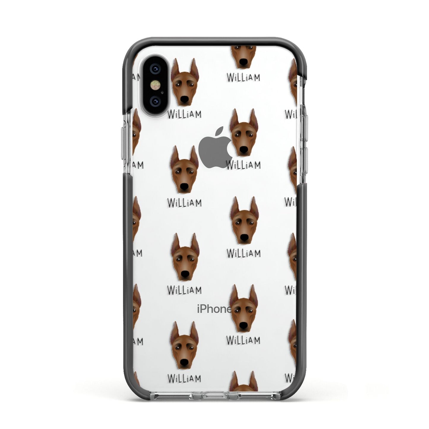 German Pinscher Icon with Name Apple iPhone Xs Impact Case Black Edge on Silver Phone