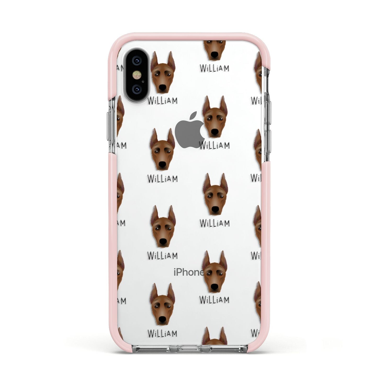 German Pinscher Icon with Name Apple iPhone Xs Impact Case Pink Edge on Silver Phone