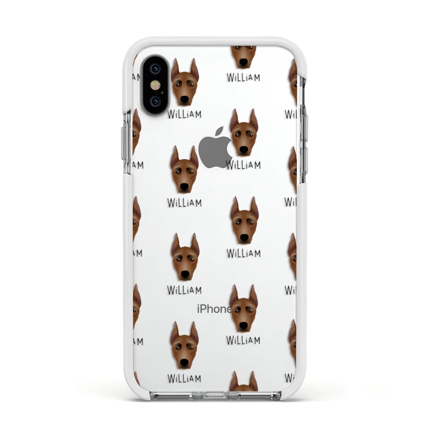 German Pinscher Icon with Name Apple iPhone Xs Impact Case White Edge on Silver Phone