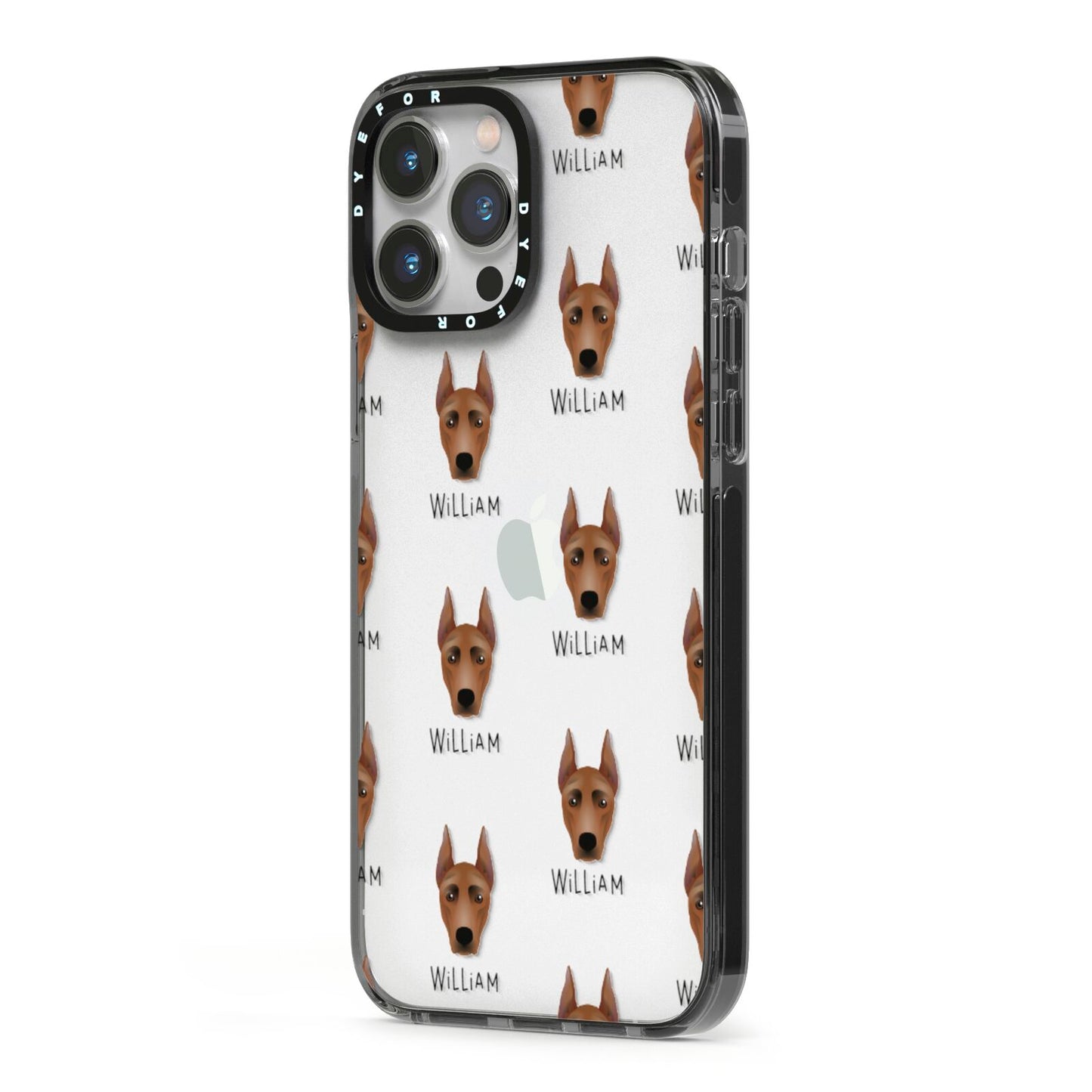 German Pinscher Icon with Name iPhone 13 Pro Max Black Impact Case Side Angle on Silver phone