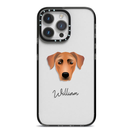 German Pinscher Personalised iPhone 14 Pro Max Black Impact Case on Silver phone