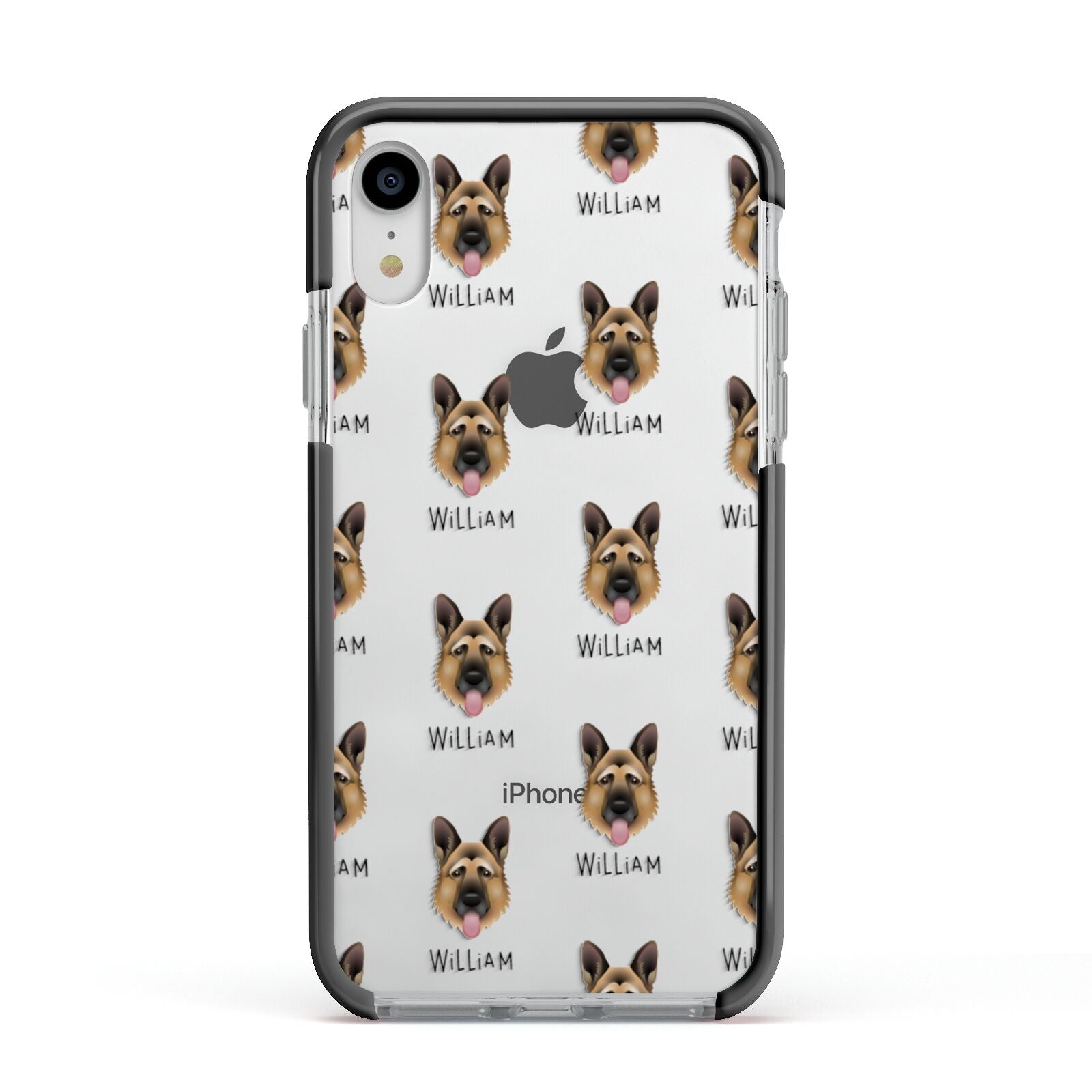 German Shepherd Icon with Name Apple iPhone XR Impact Case Black Edge on Silver Phone