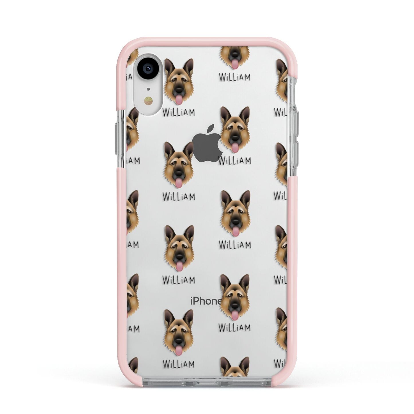 German Shepherd Icon with Name Apple iPhone XR Impact Case Pink Edge on Silver Phone
