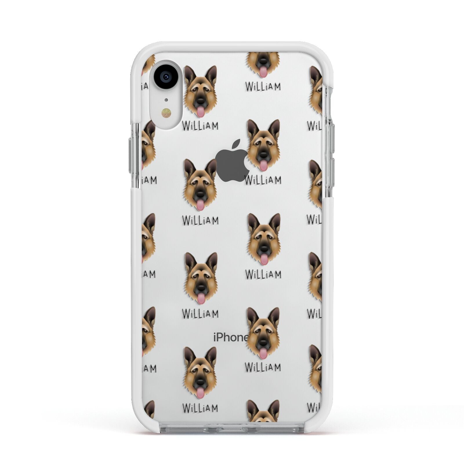 German Shepherd Icon with Name Apple iPhone XR Impact Case White Edge on Silver Phone
