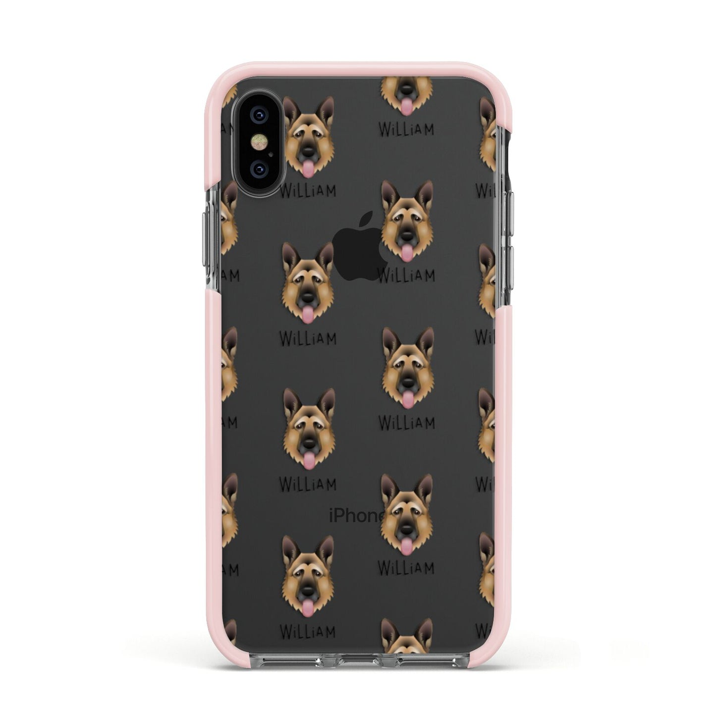 German Shepherd Icon with Name Apple iPhone Xs Impact Case Pink Edge on Black Phone