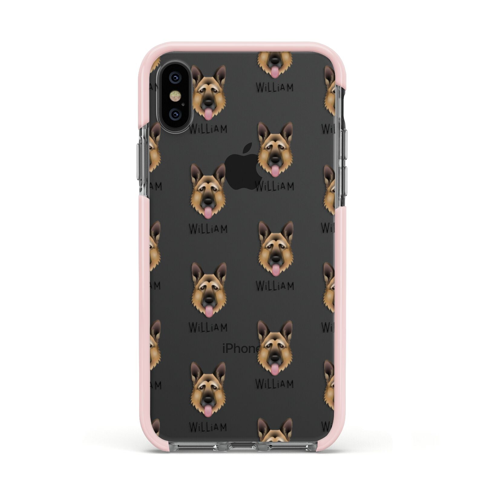 German Shepherd Icon with Name Apple iPhone Xs Impact Case Pink Edge on Black Phone